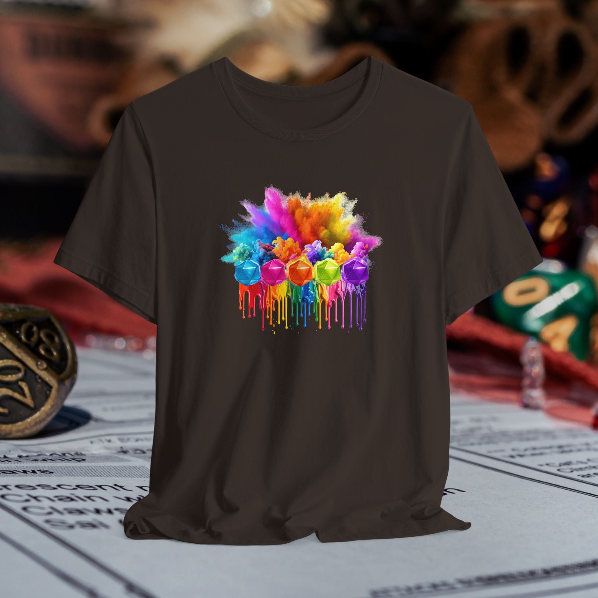 Colorful Dripping D20 T-Shirt – Rainbow D20 Art Tee