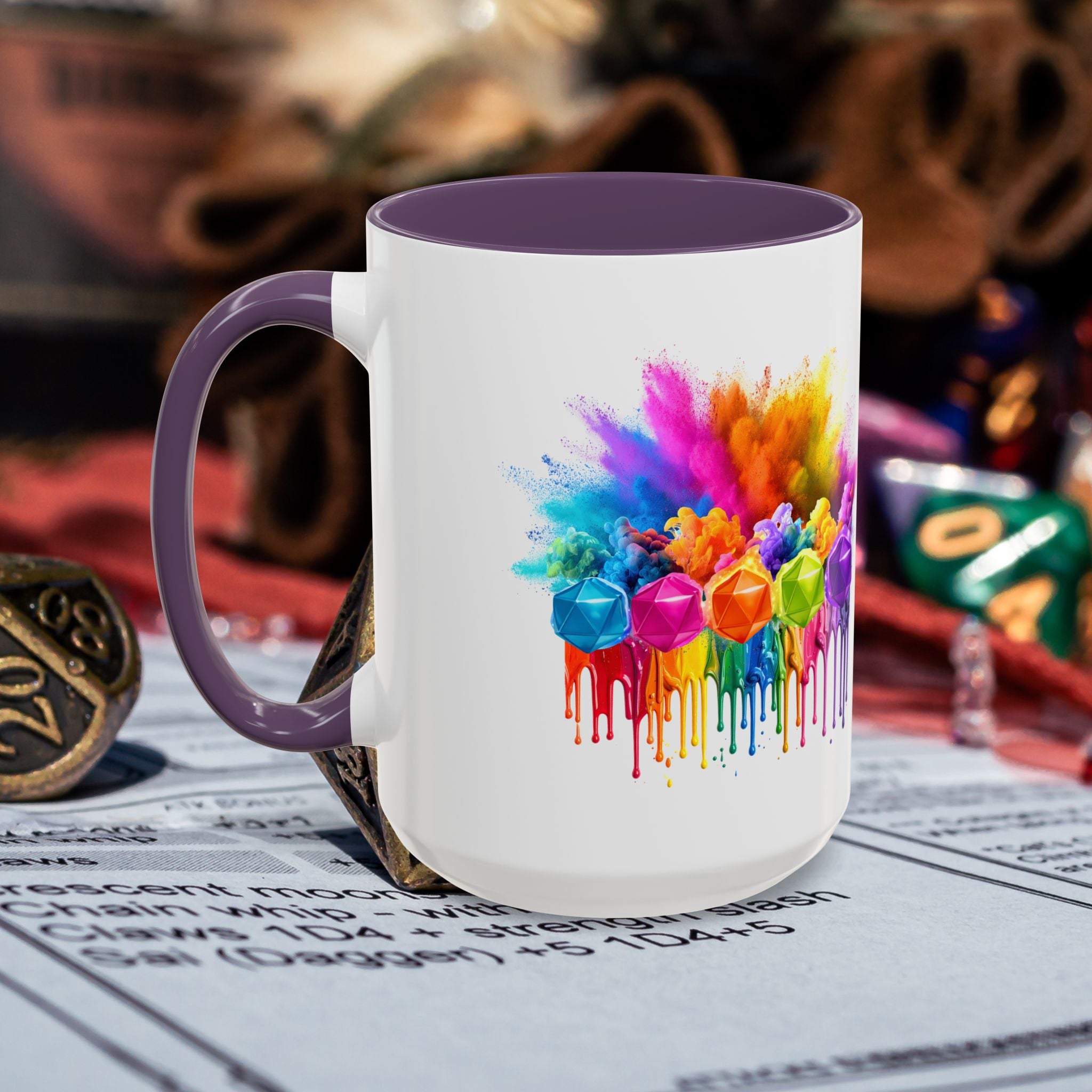 Colorful Dripping D20 Coffee Mug — Vibrant Rainbow Dice Design (15 oz)