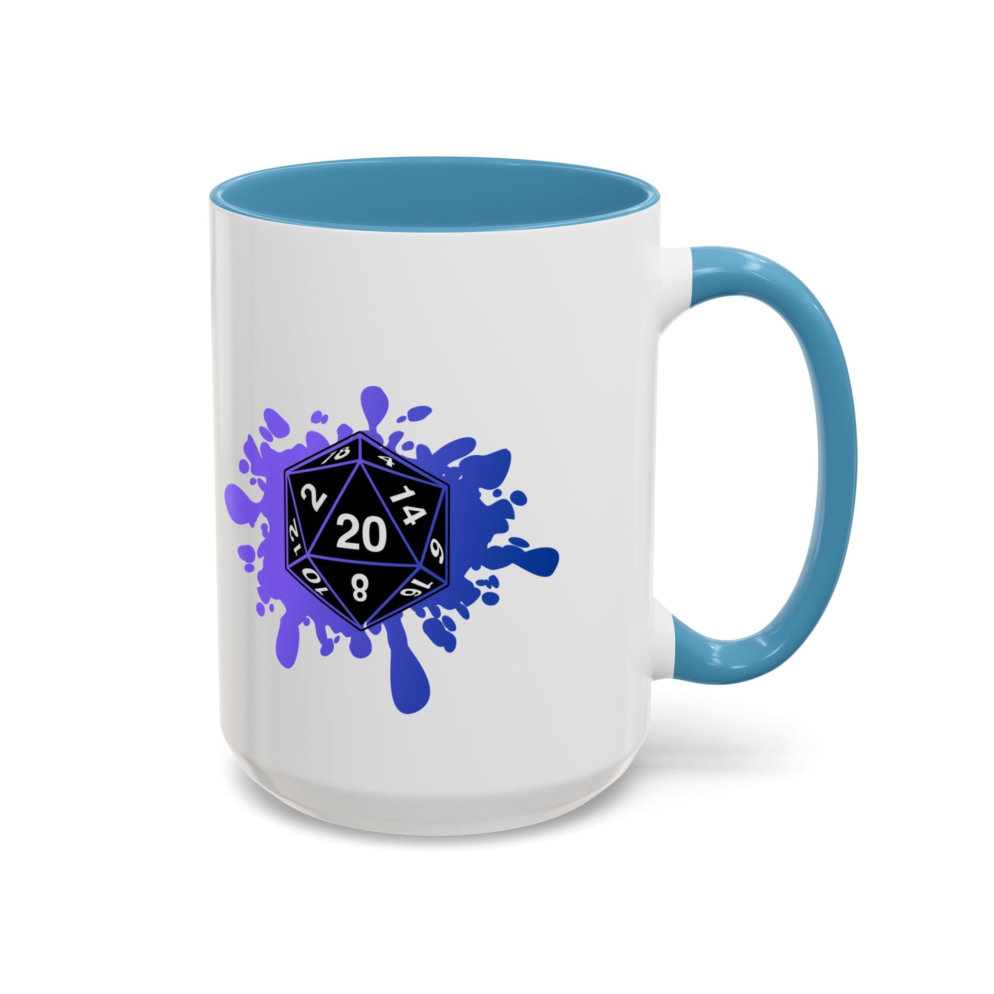 D20 Splash Coffee Mug — Gamer Dice 15oz Accent Mug