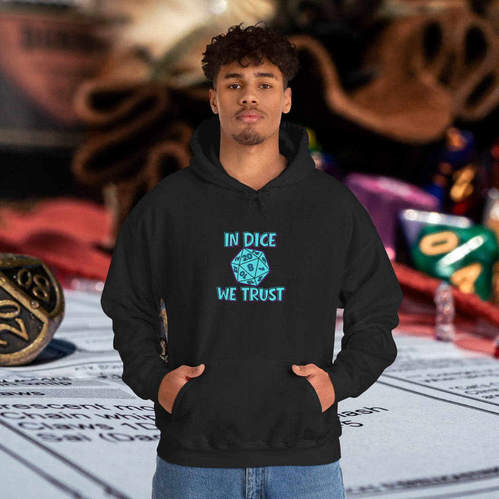 D20 Hoodie — "In Dice We Trust" RPG Gamer Hooded Sweatshirt