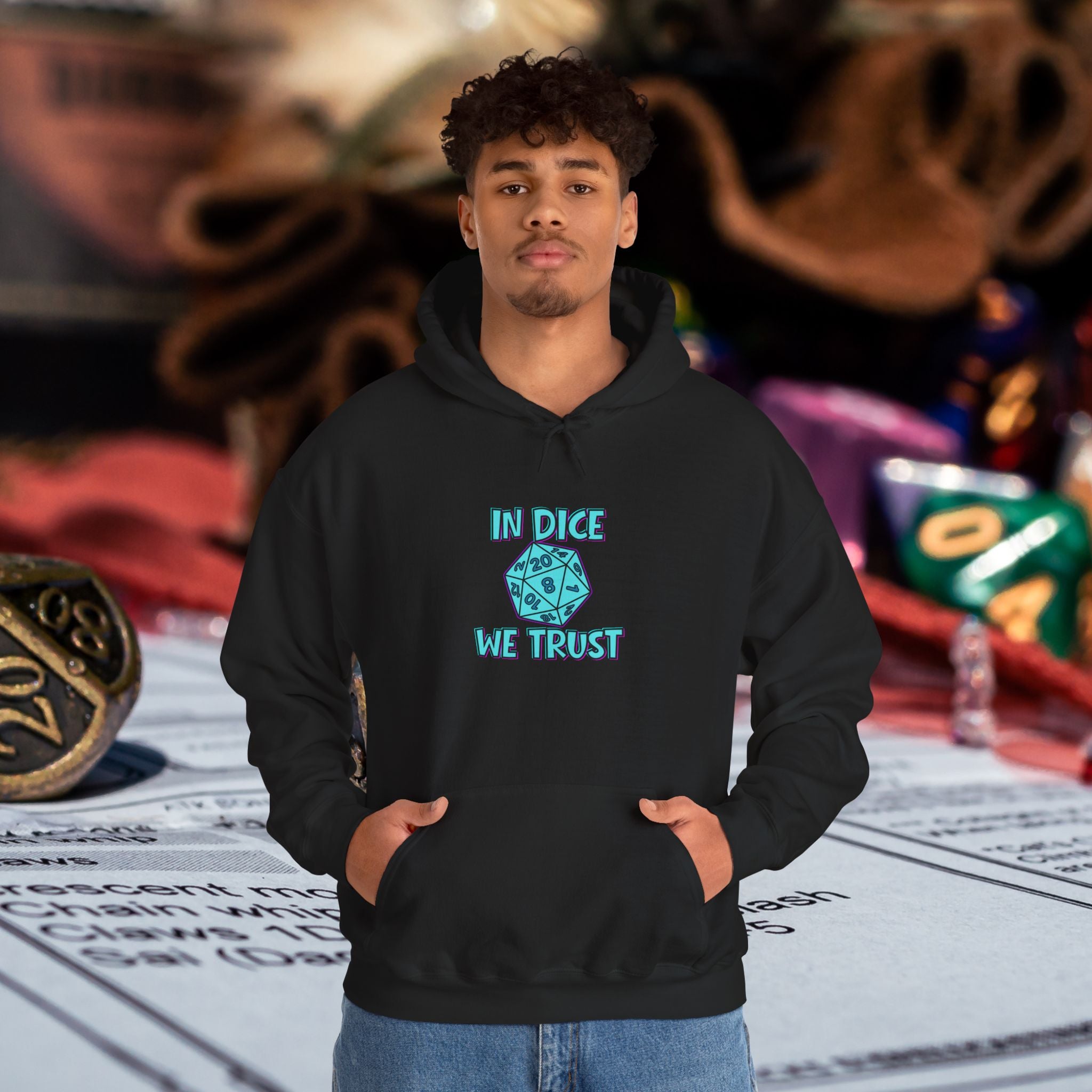 D20 Hoodie — "In Dice We Trust" RPG Gamer Hooded Sweatshirt