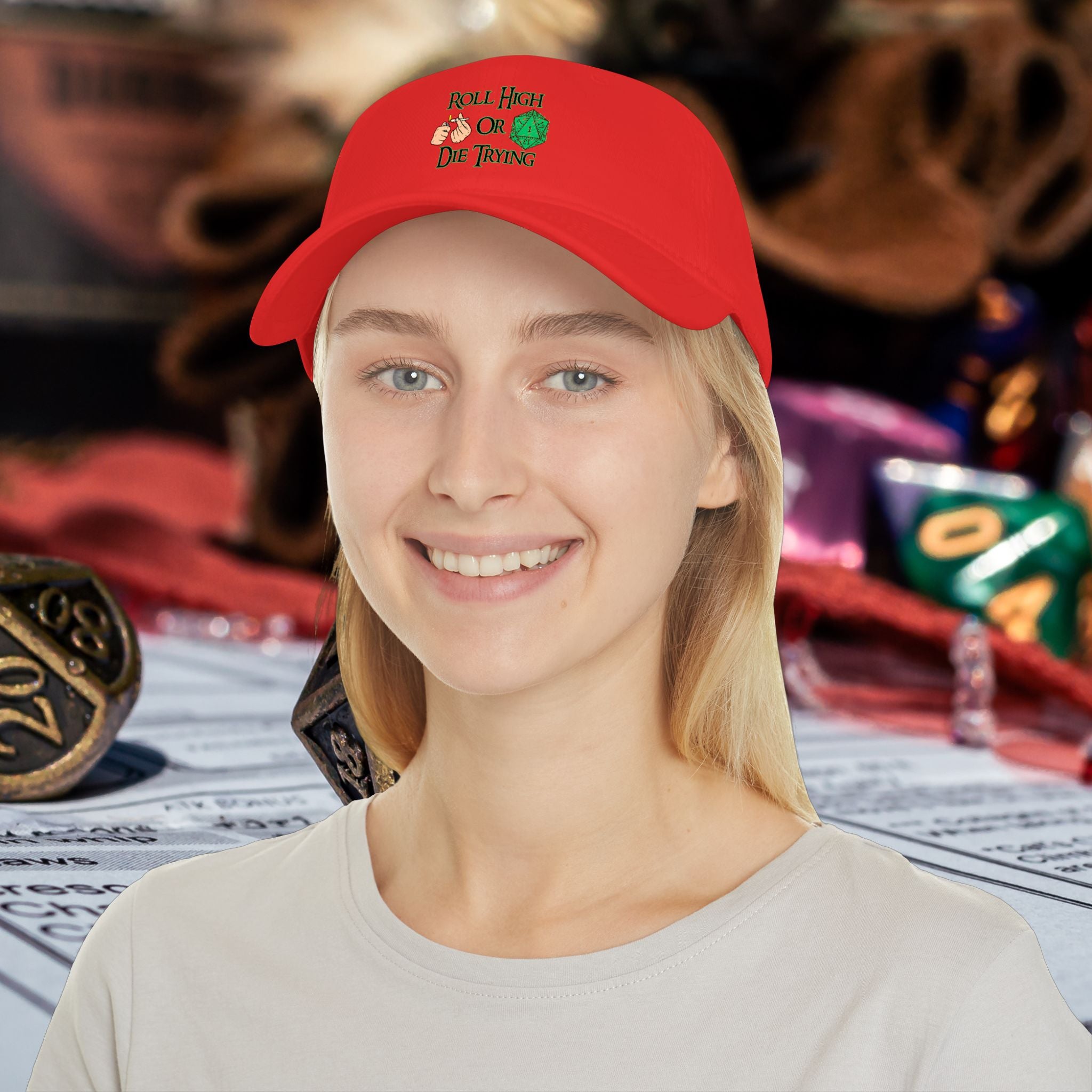 Roll High or Die Trying Baseball Cap — D20 Dice RPG Gamer Hat