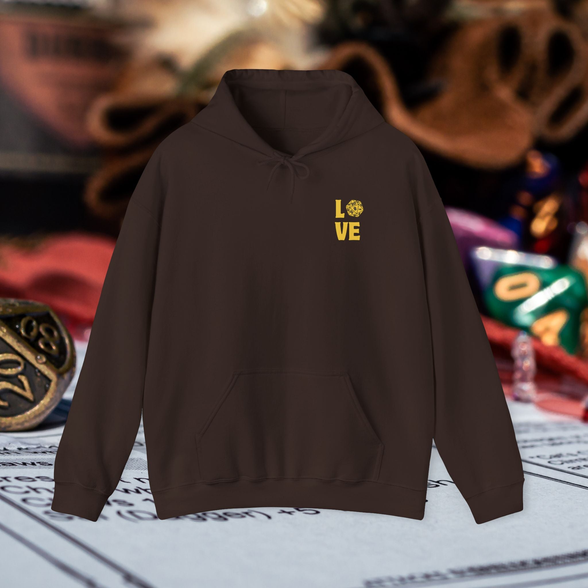 LOVE D20 Hoodie — Gold Glitter Dice Heart Gamer Gaming RPG Hooded Sweatshirt