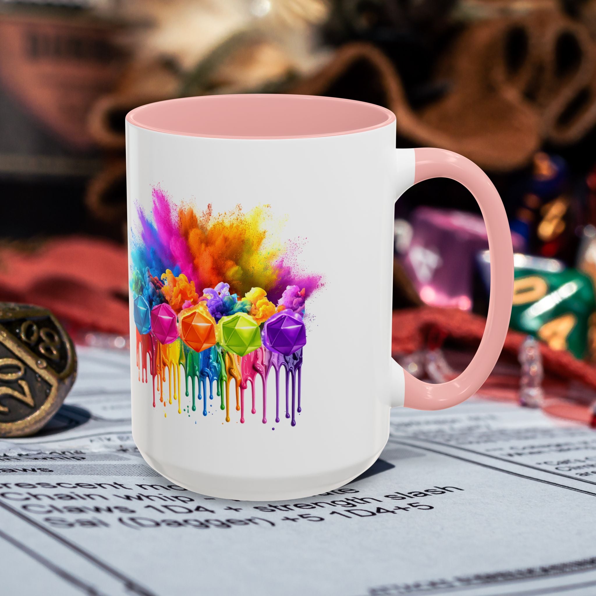 Colorful Dripping D20 Coffee Mug — Vibrant Rainbow Dice Design (15 oz)