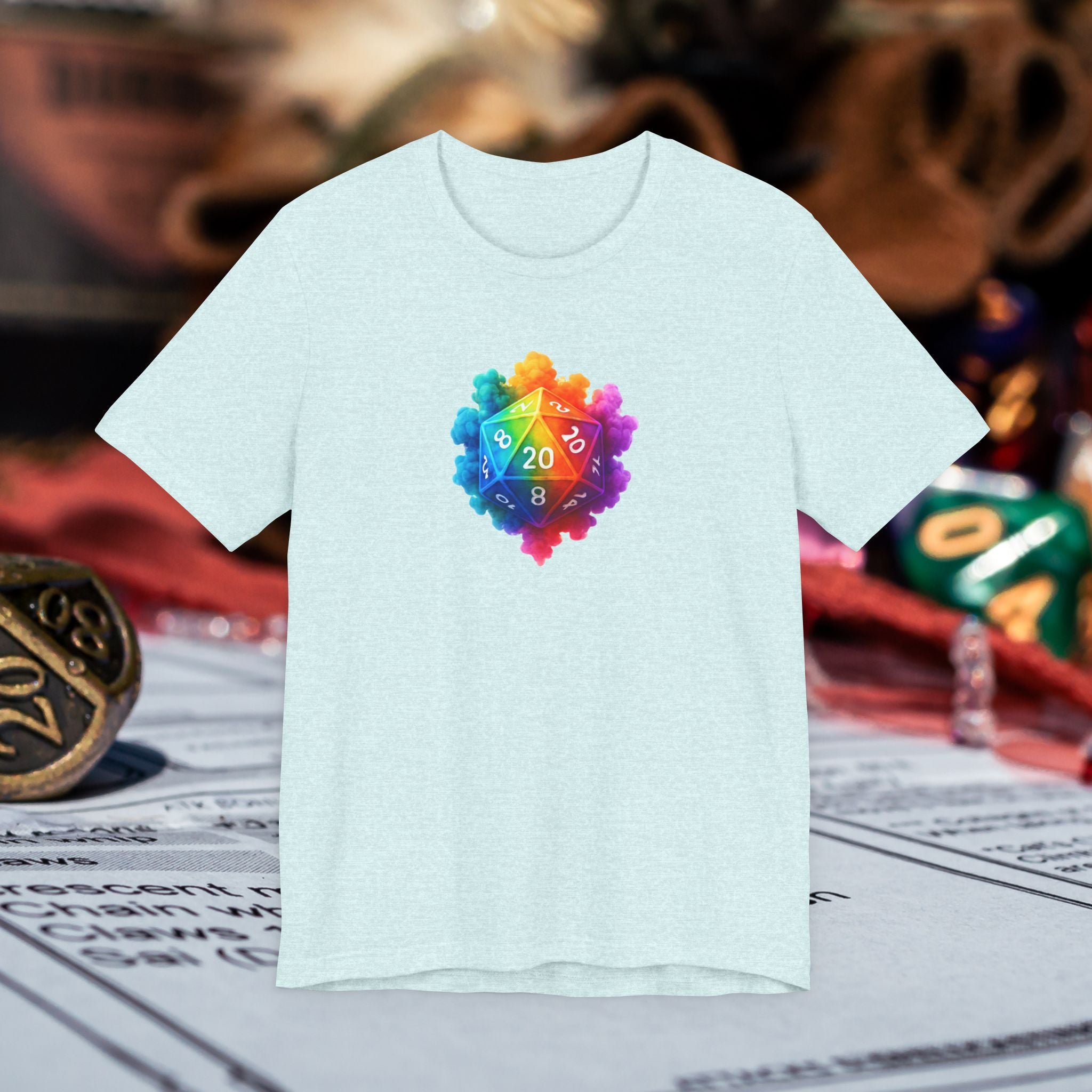 D20 Rainbow Heart T‑Shirt — Colorful Tabletop RPG Dice Tee