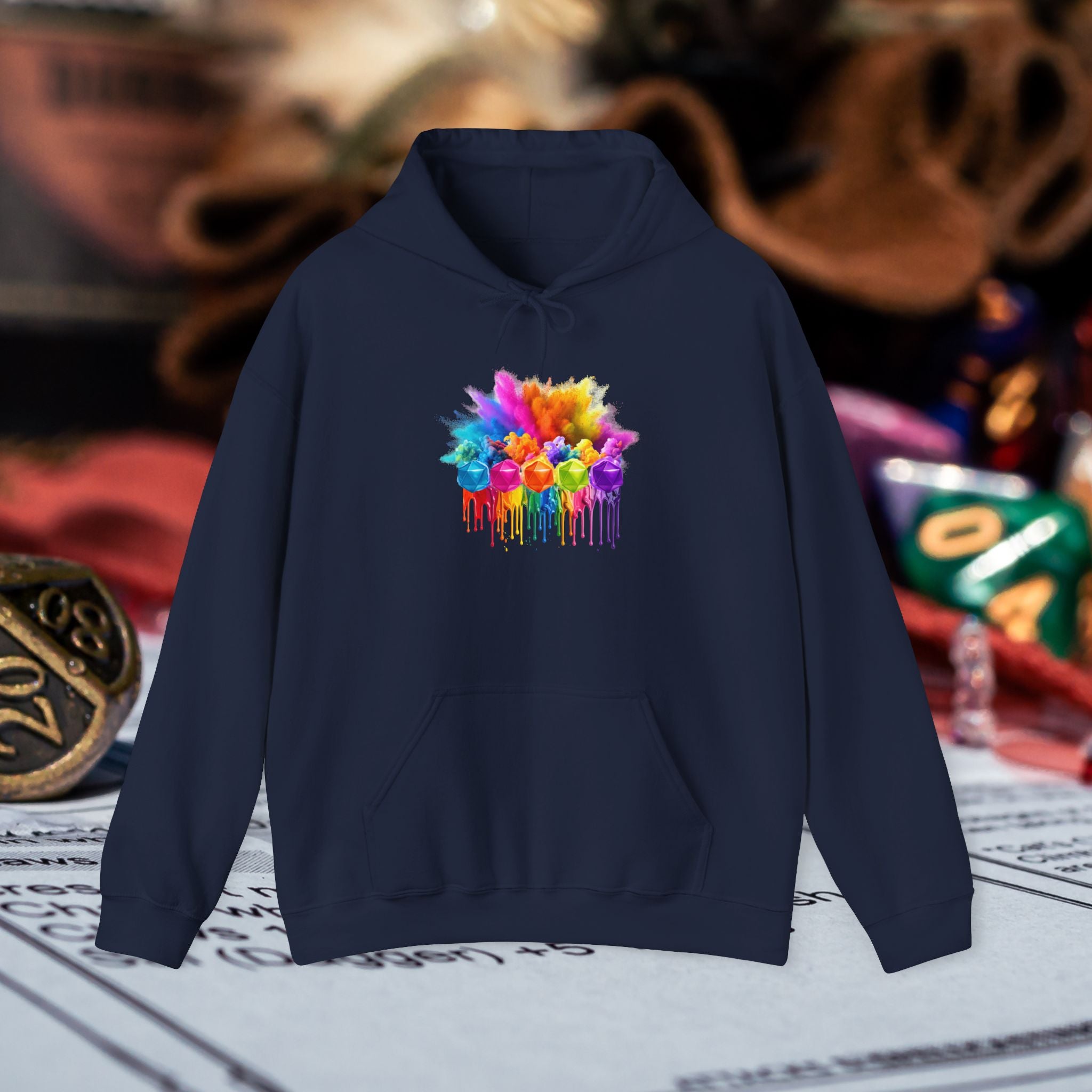 Colorful Drip D20 Hoodie – Vibrant Rainbow Dice Sweatshirt