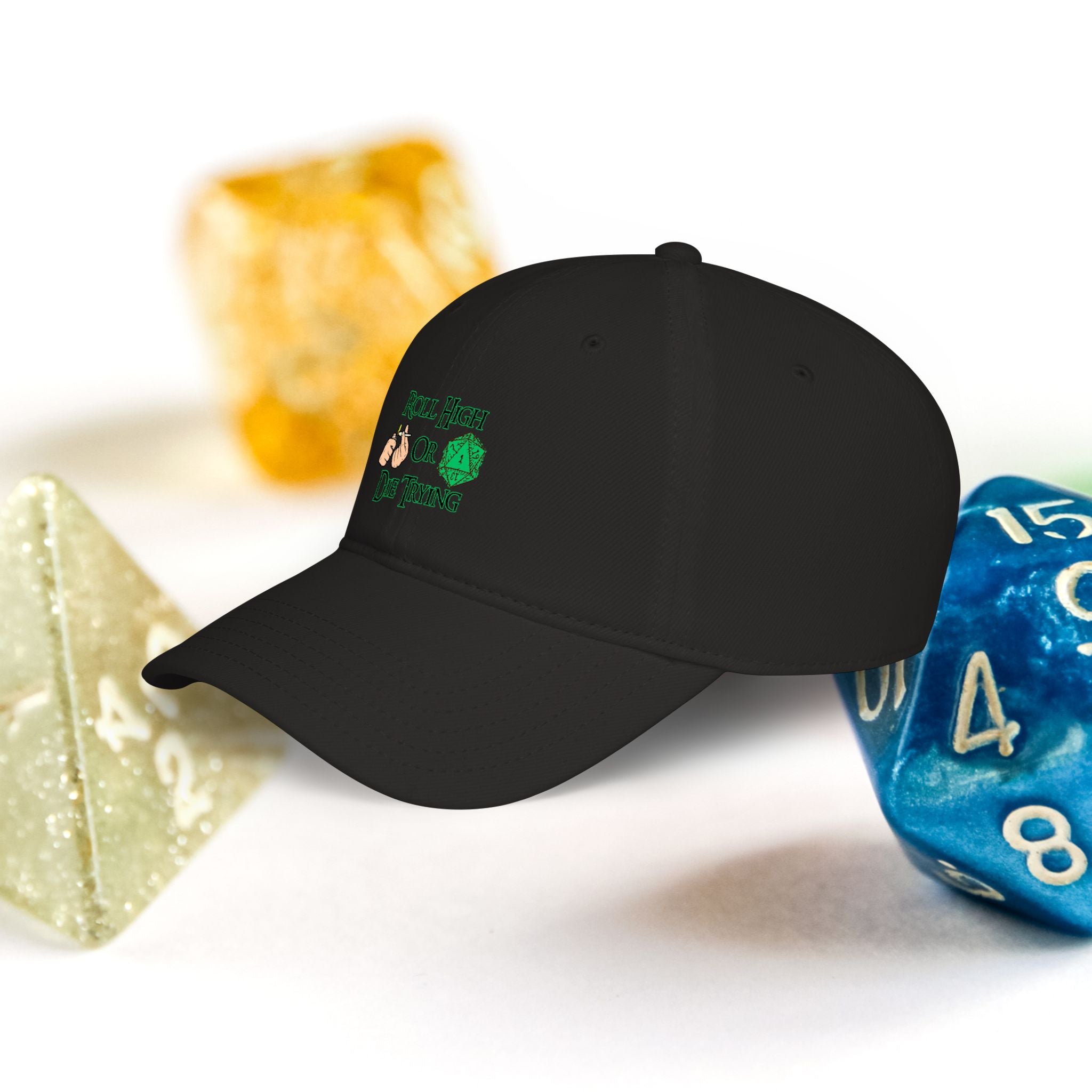 Roll High or Die Trying Baseball Cap — D20 Dice RPG Gamer Hat