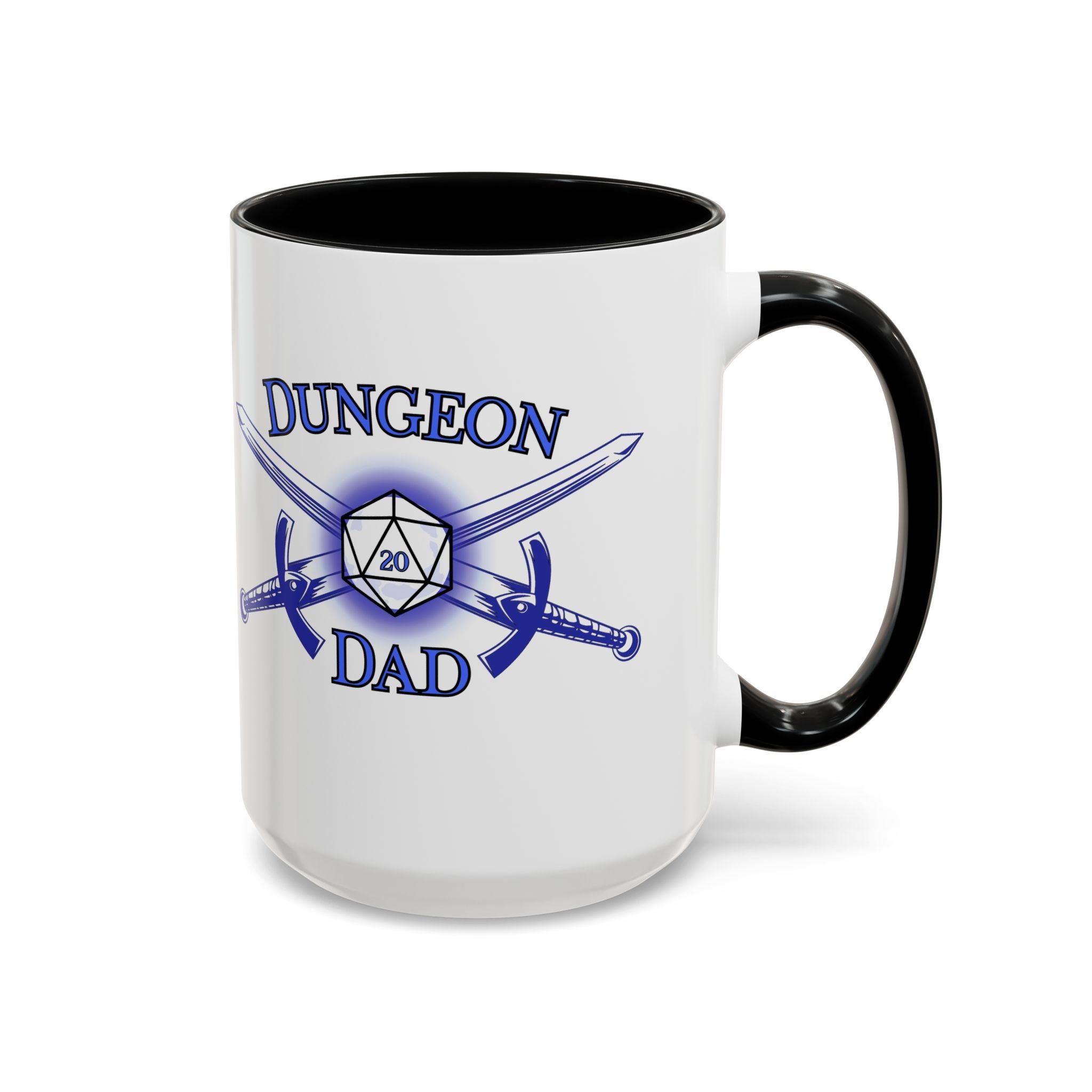 Dungeon Dad Coffee Mug — D20 Dice & Swords Gamer Gift 15oz Accent Mug