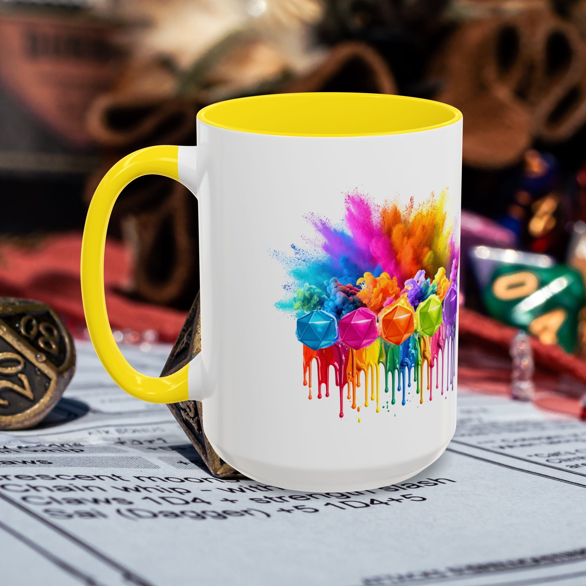 Colorful Dripping D20 Coffee Mug — Vibrant Rainbow Dice Design (15 oz)