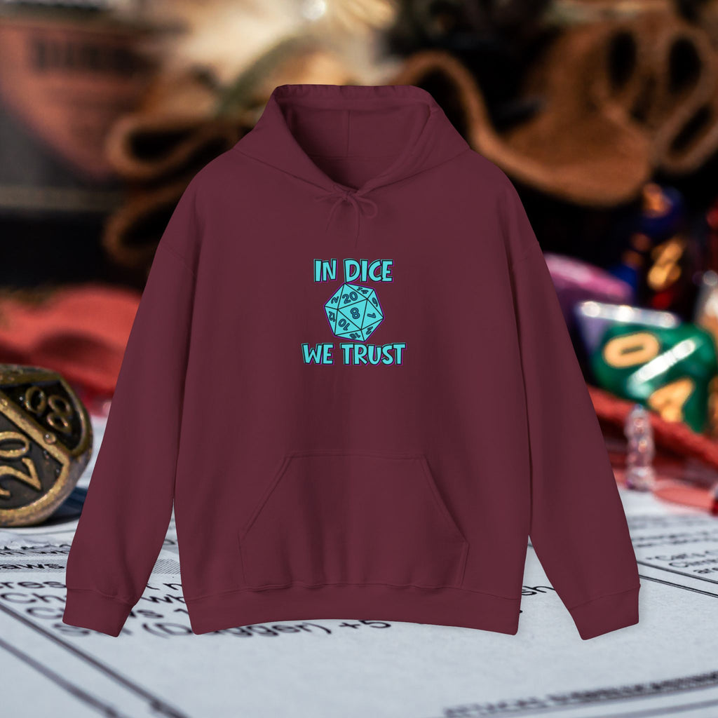 D20 Hoodie — "In Dice We Trust" RPG Gamer Hooded Sweatshirt