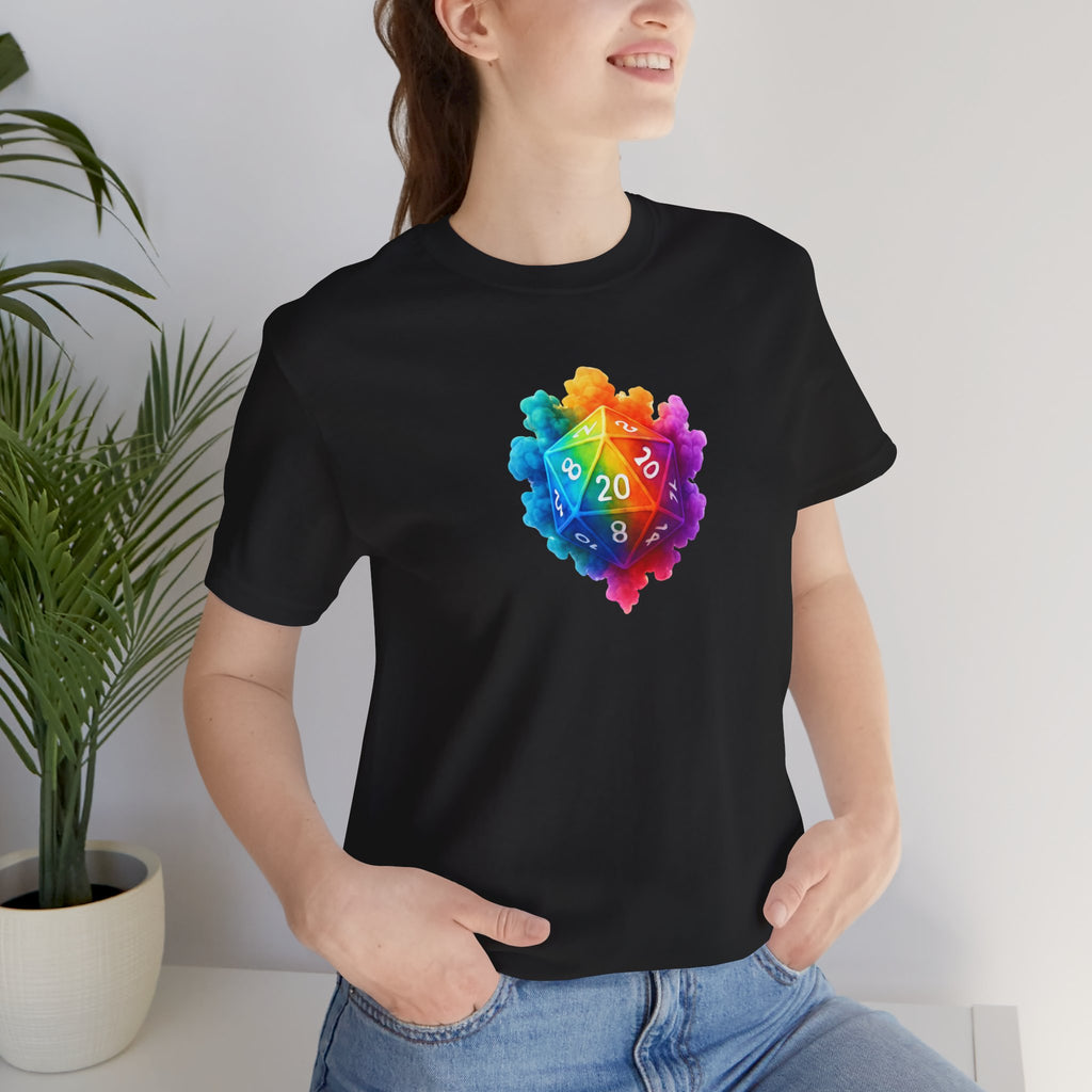 D20 Rainbow Heart T‑Shirt — Colorful Tabletop RPG Dice Tee
