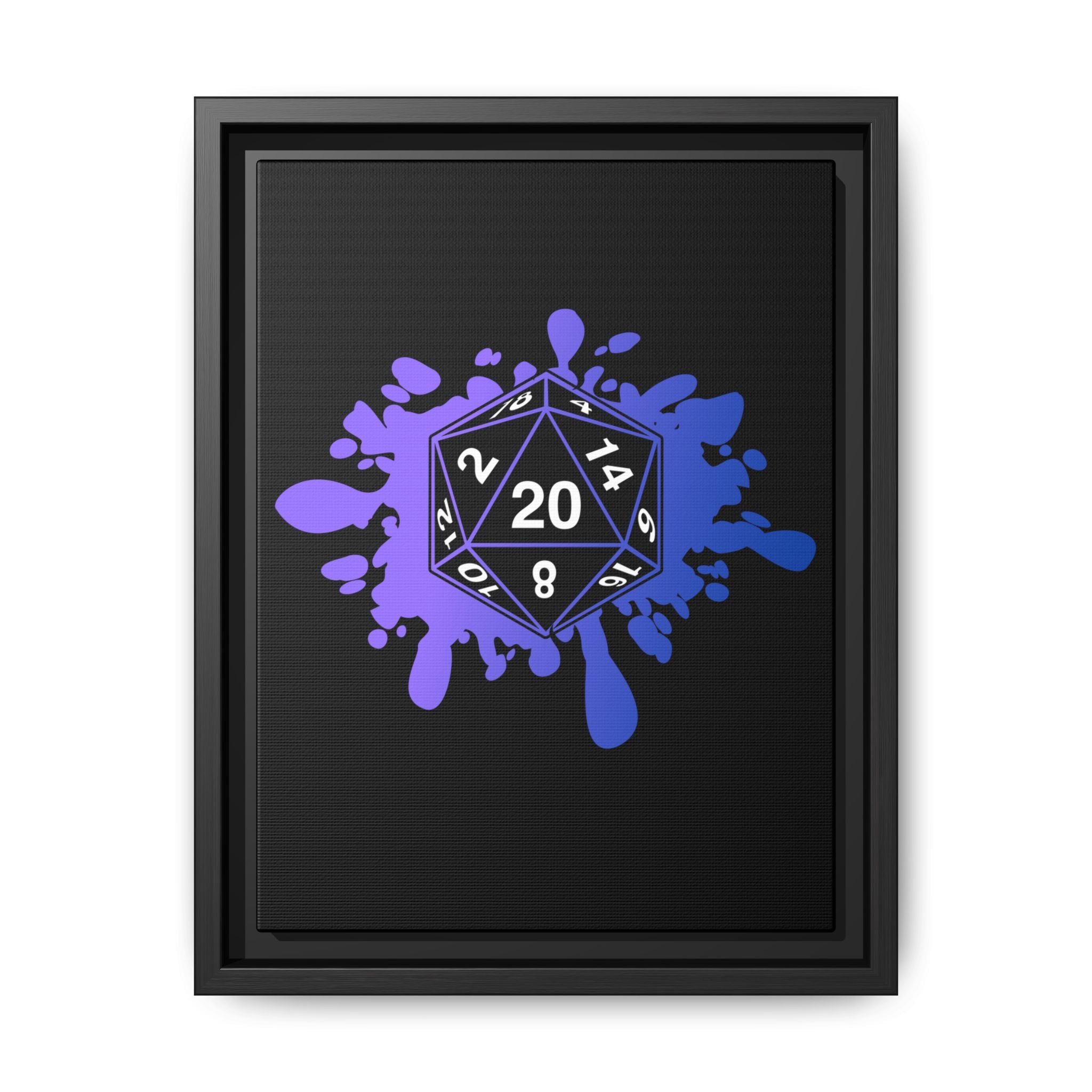 D20 Splash Matte Canvas Framed Wall Art — Purple Blue Tabletop RPG Decor