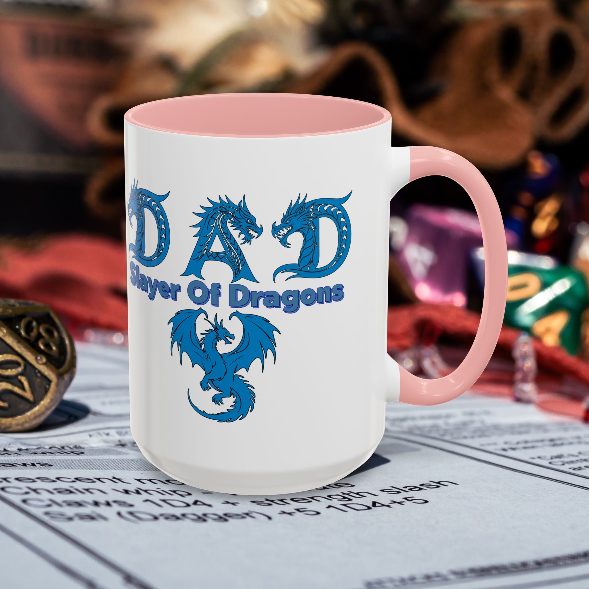 Dad Slayer of Dragons Accent Coffee Mug — Fantasy Dungeons & Dragons Gift