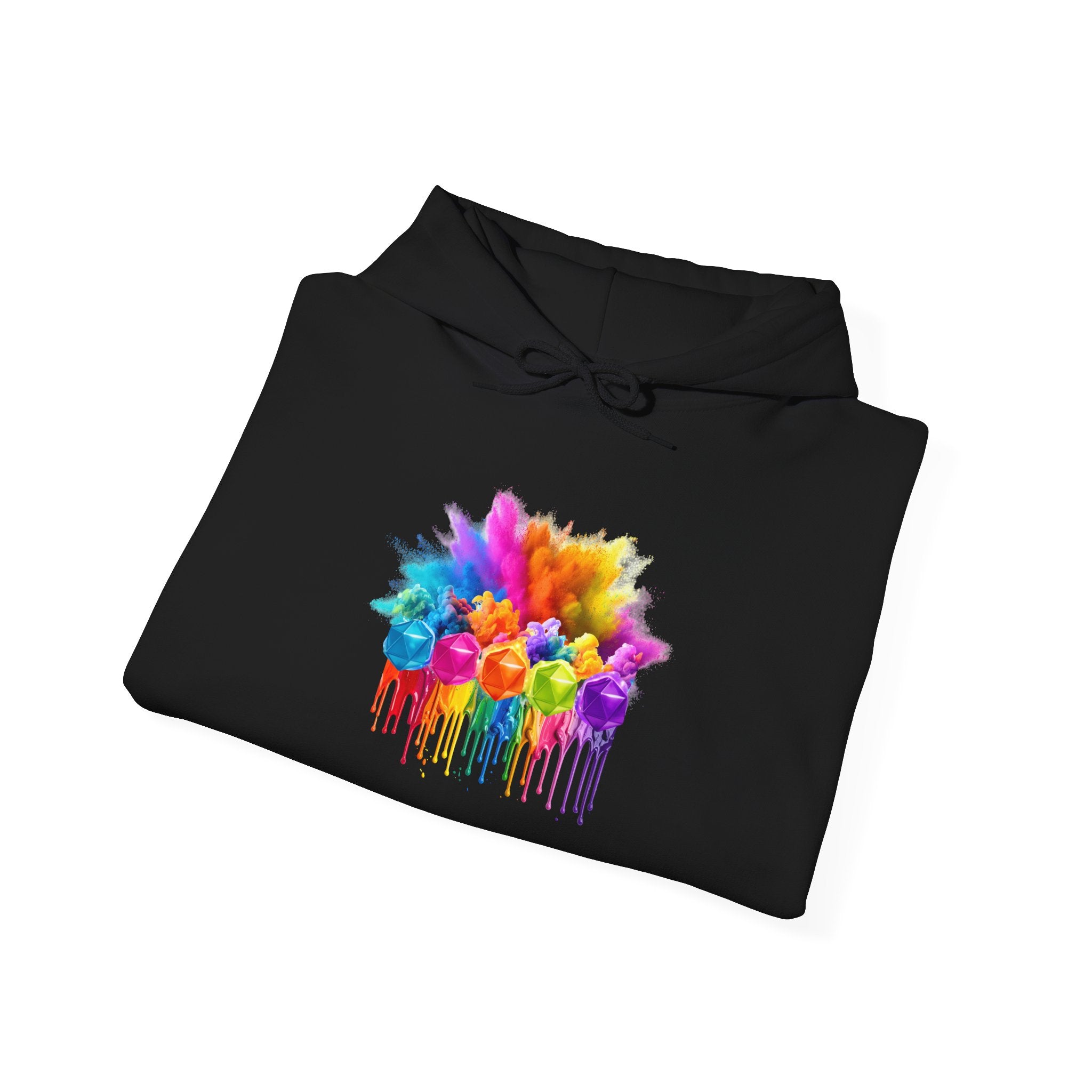 Colorful Drip D20 Hoodie – Vibrant Rainbow Dice Sweatshirt