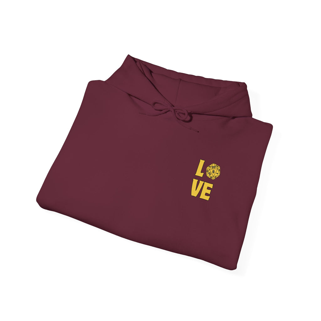 LOVE D20 Hoodie — Gold Glitter Dice Heart Gamer Gaming RPG Hooded Sweatshirt