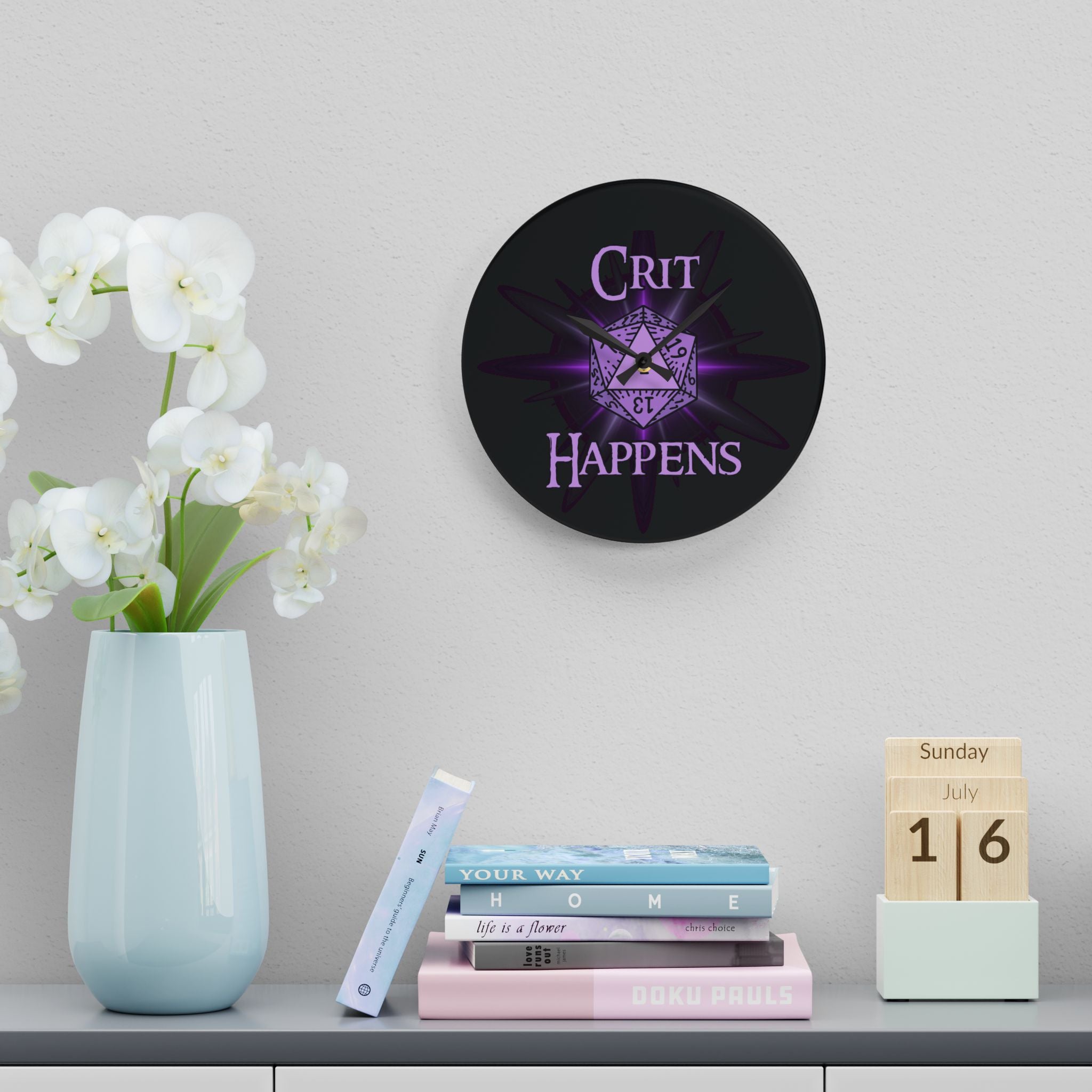 Acrylic Wall Clock — “Crit Happens” D20 Gamer Wall Clock (Purple Fantasy RPG Decor)