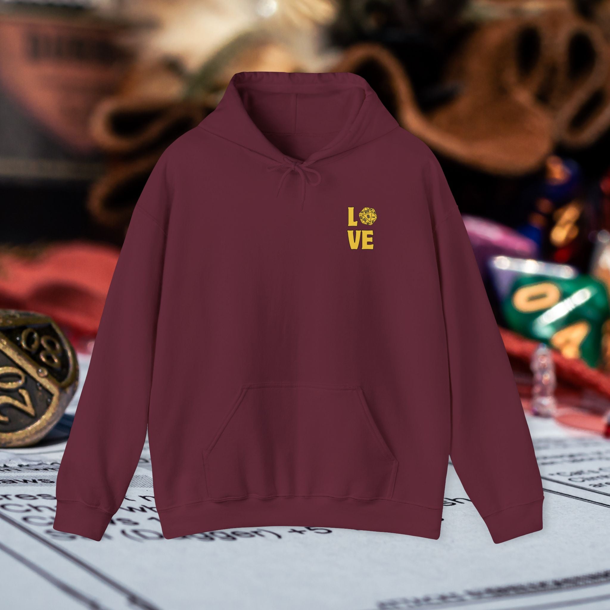 LOVE D20 Hoodie — Gold Glitter Dice Heart Gamer Gaming RPG Hooded Sweatshirt