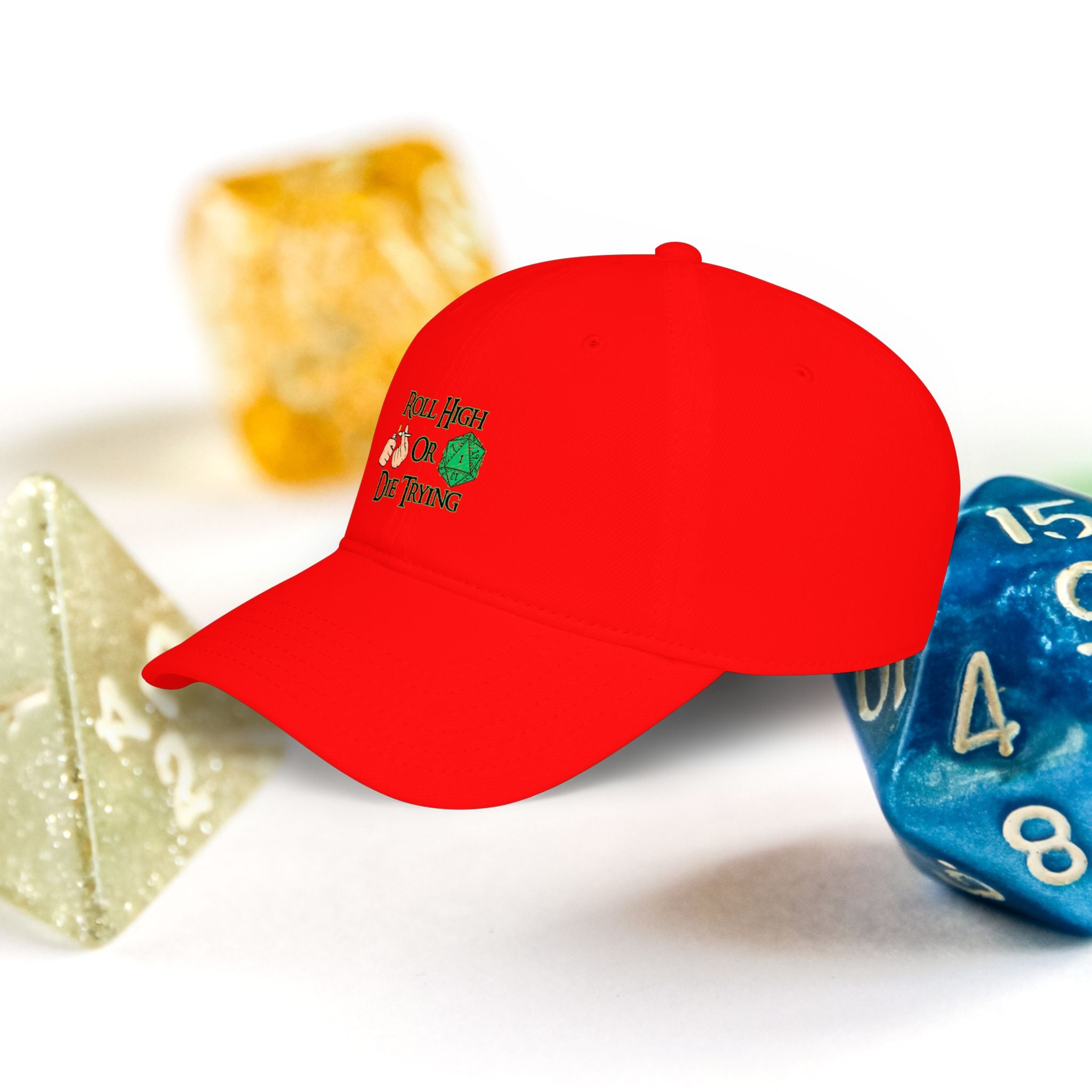Roll High or Die Trying Baseball Cap — D20 Dice RPG Gamer Hat