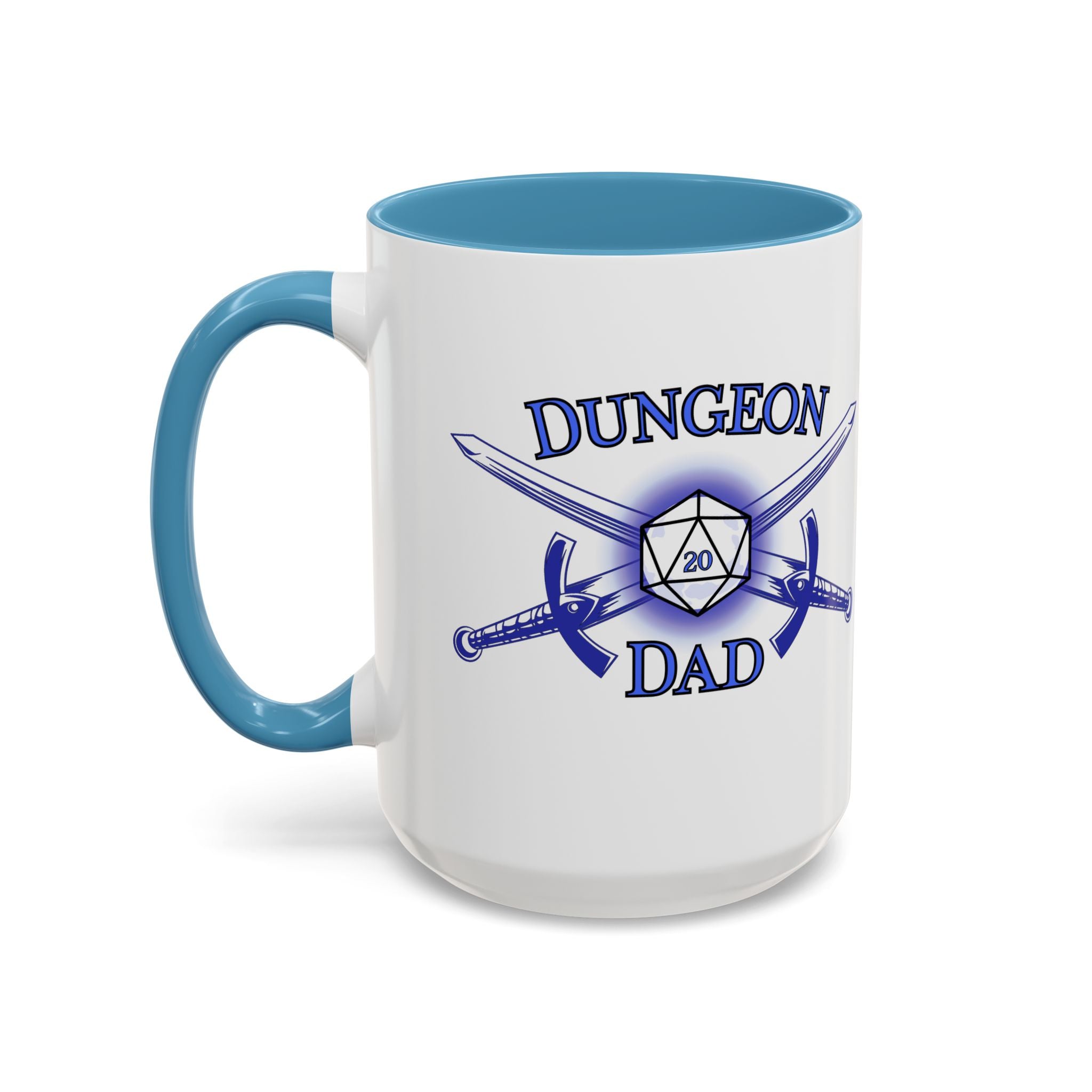 Dungeon Dad Coffee Mug — D20 Dice & Swords Gamer Gift 15oz Accent Mug