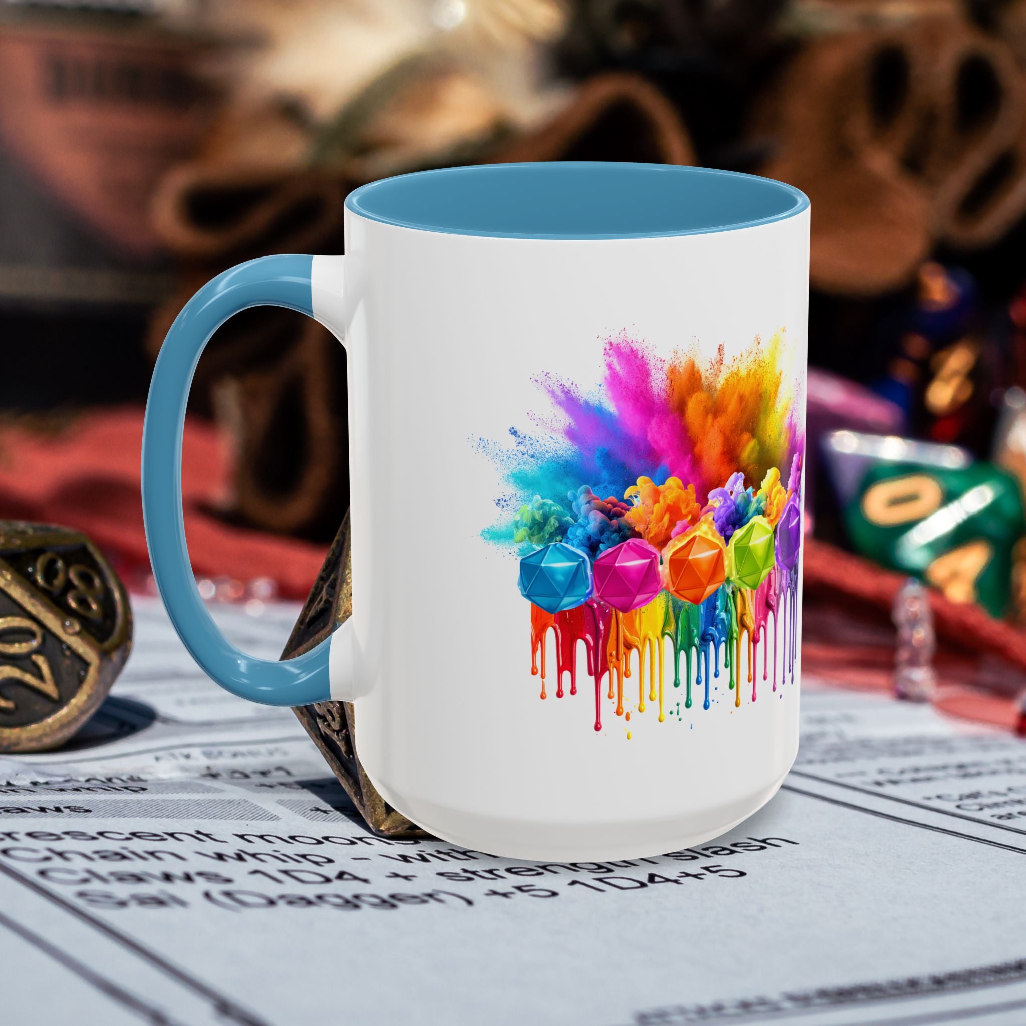 Colorful Dripping D20 Coffee Mug — Vibrant Rainbow Dice Design (15 oz)