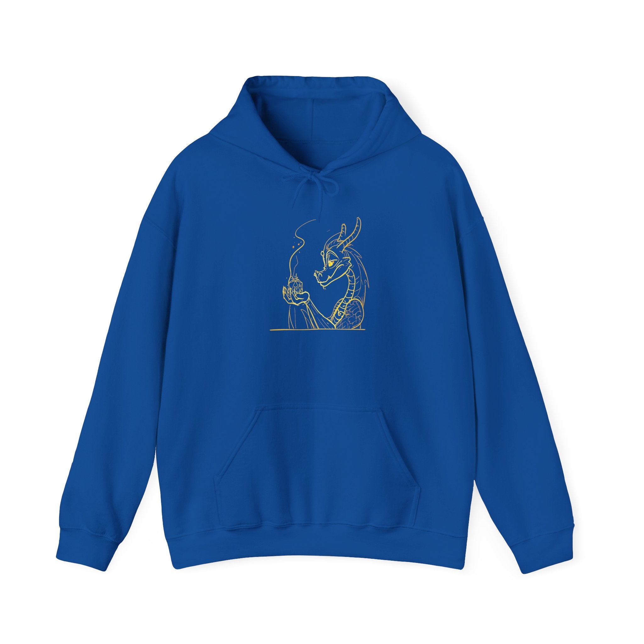 Dragon Holding D20 Hoodie — Gold Line Art Graphic Sweatshirt