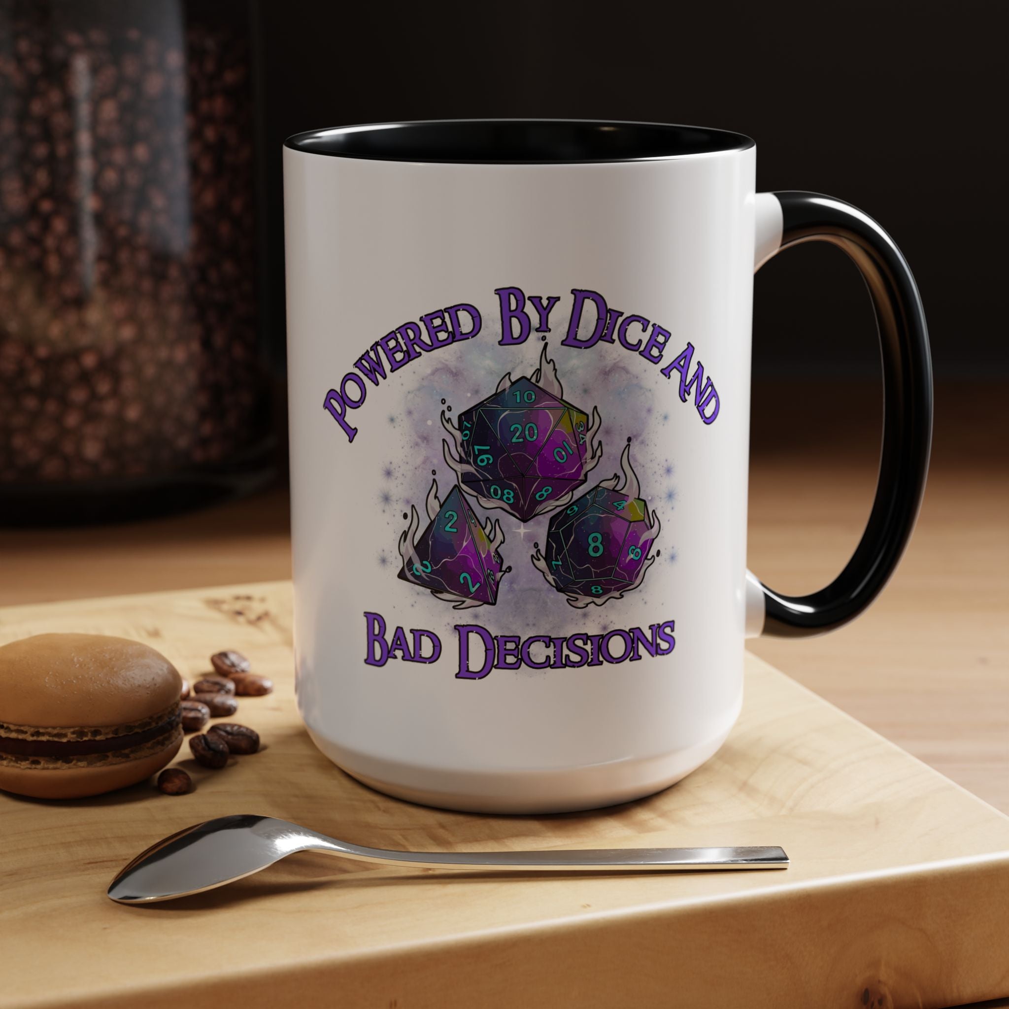 Powered by Dice Coffee Mug — "Powered by Dice and Bad Decisions" RPG Gamer Mug