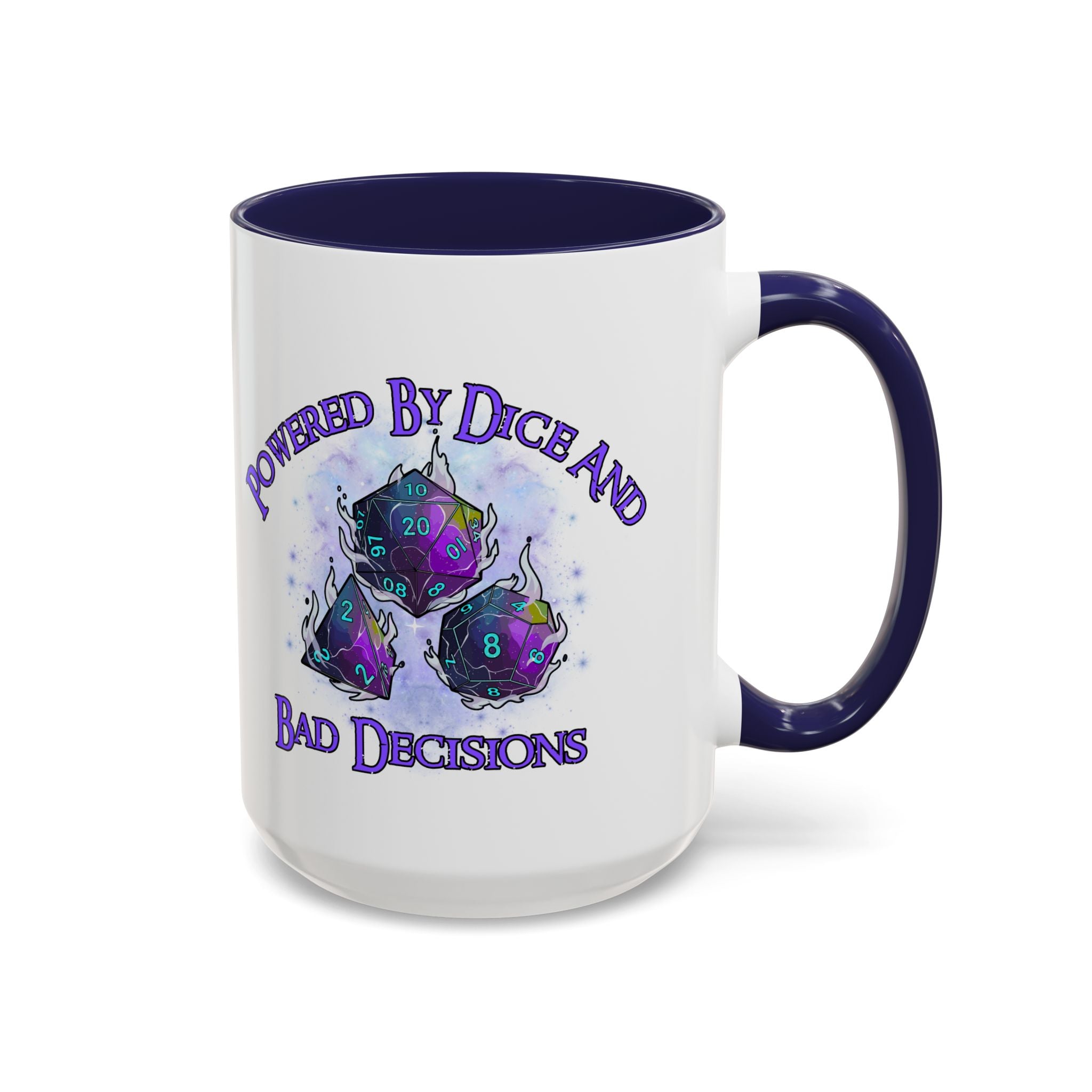 Powered by Dice Coffee Mug — "Powered by Dice and Bad Decisions" RPG Gamer Mug