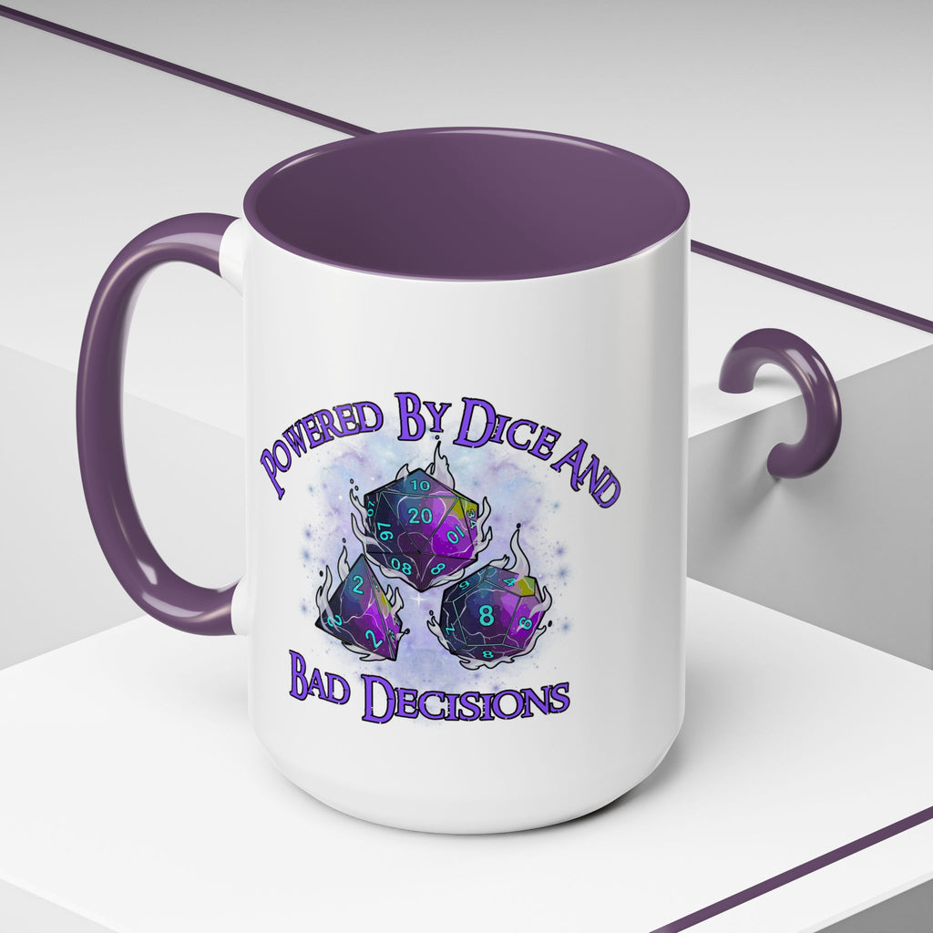Powered by Dice Coffee Mug — "Powered by Dice and Bad Decisions" RPG Gamer Mug