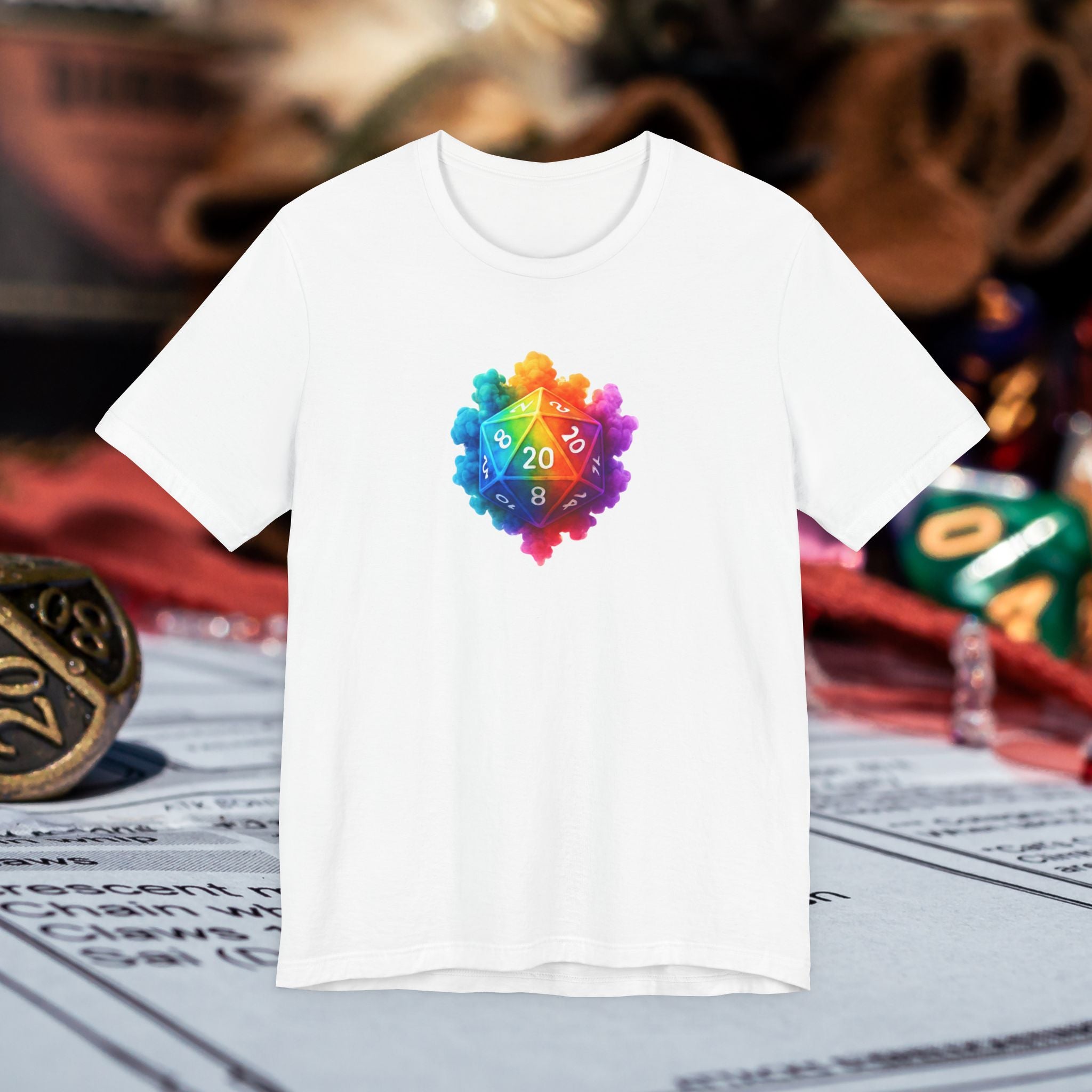 D20 Rainbow Heart T‑Shirt — Colorful Tabletop RPG Dice Tee