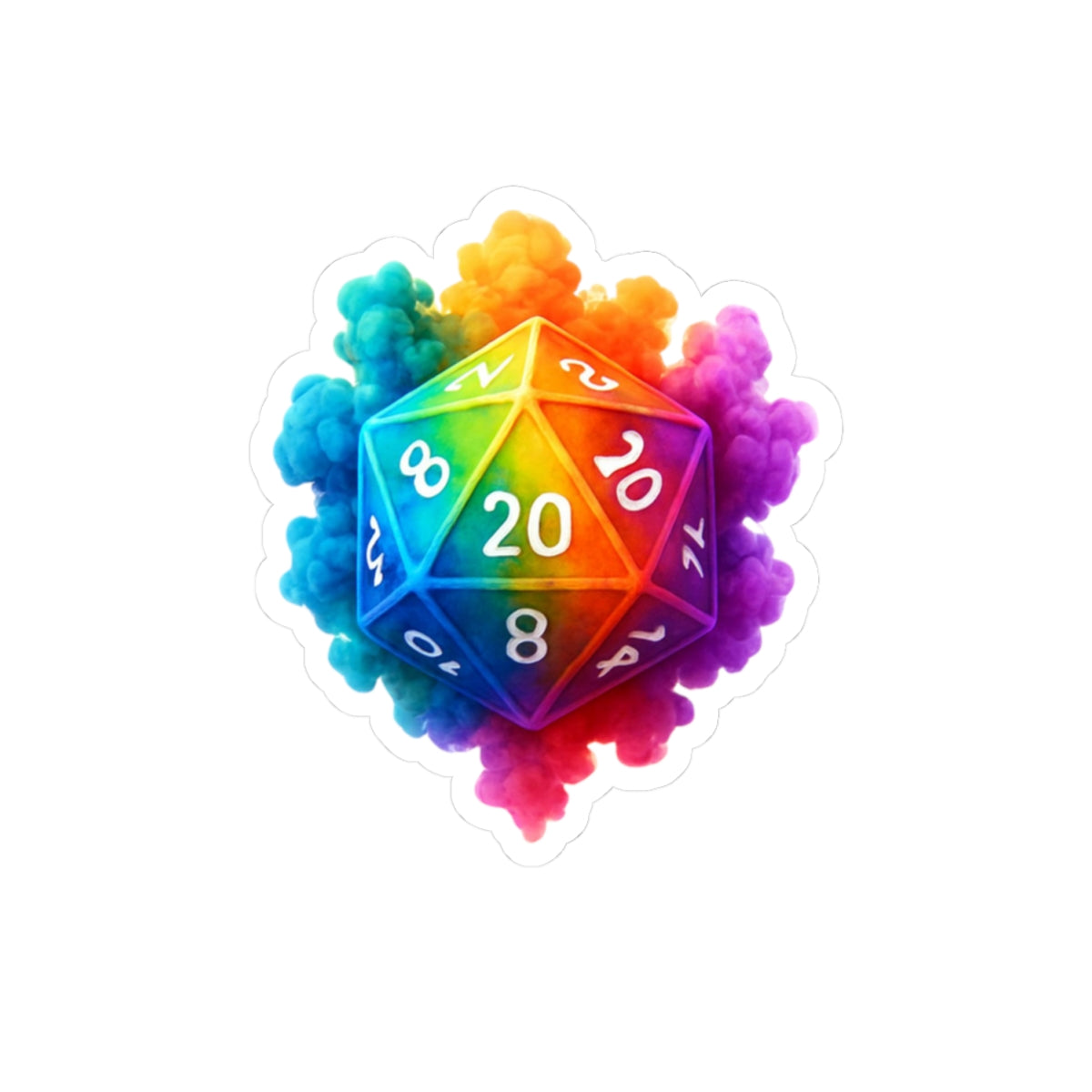 Rainbow D20 Sticker — Colorful Tabletop Gaming Dice Kiss-Cut Decal