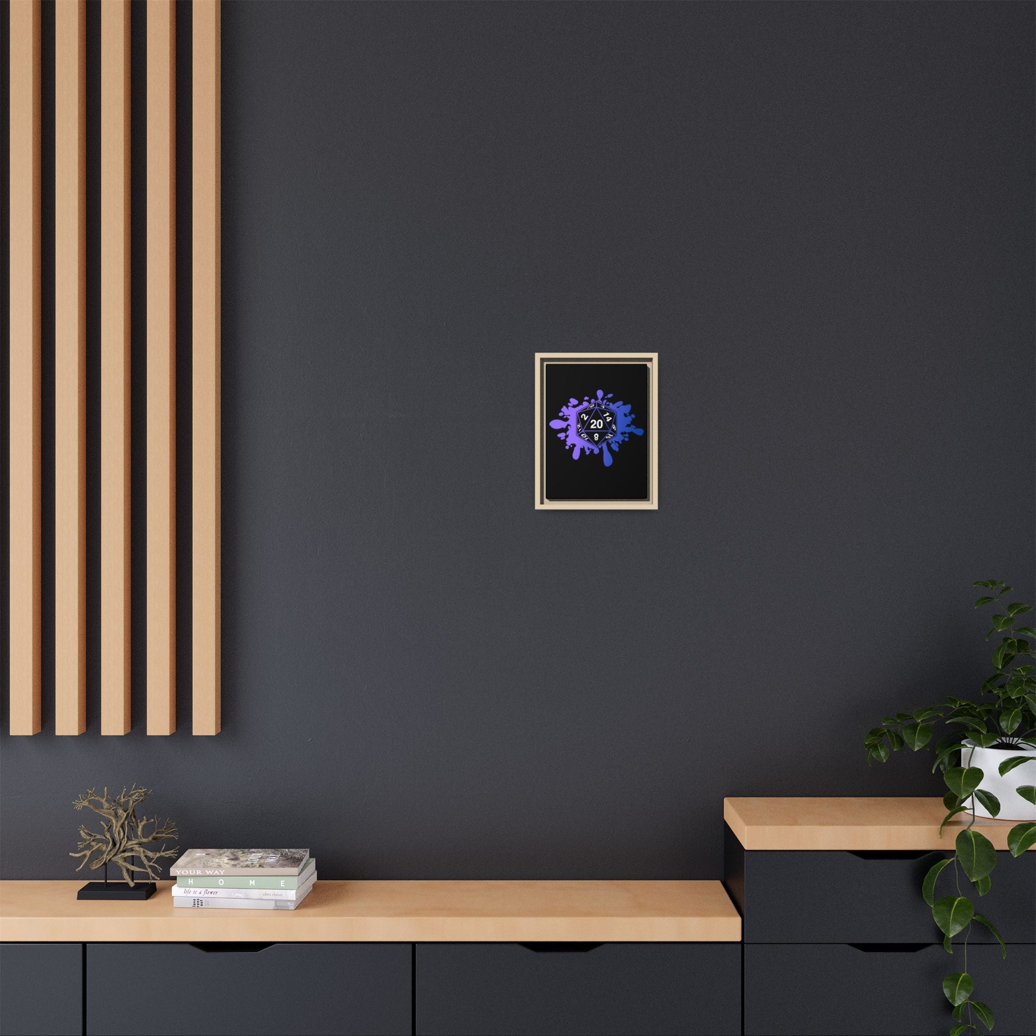 D20 Splash Matte Canvas Framed Wall Art — Purple Blue Tabletop RPG Decor