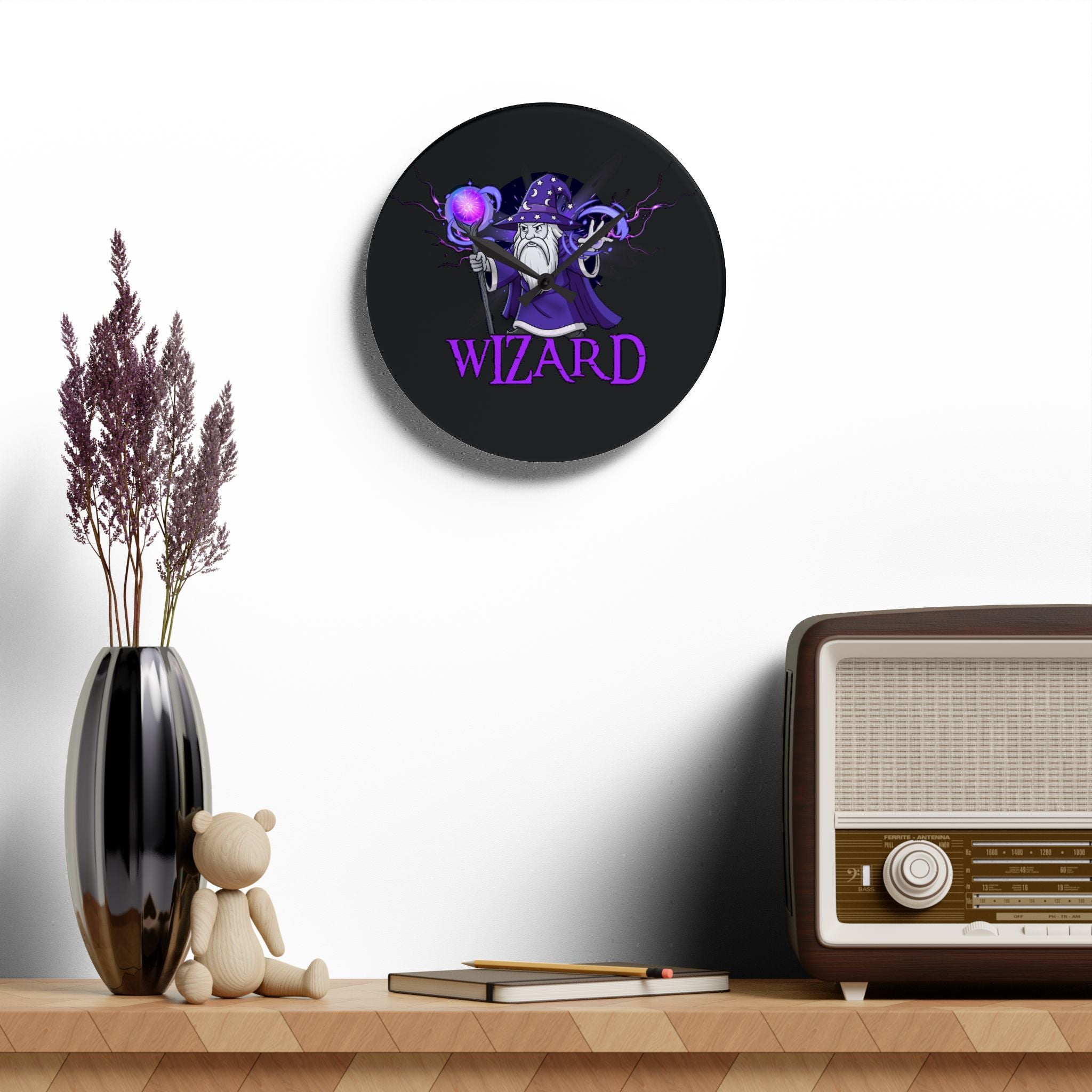 Wizard Acrylic Wall Clock — Purple D&D Fantasy Decor