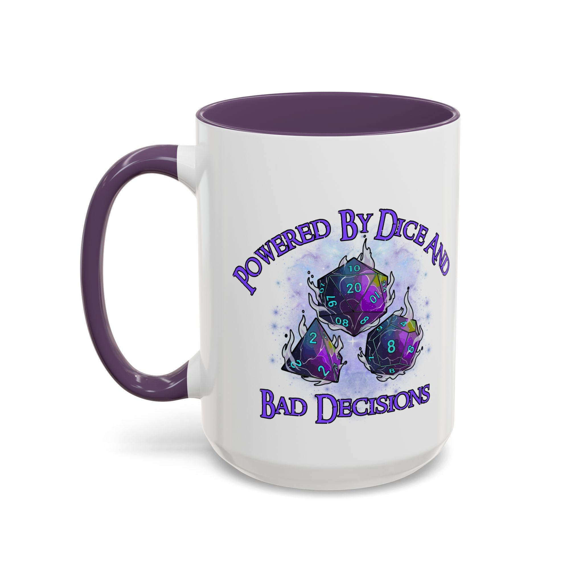 Powered by Dice Coffee Mug — "Powered by Dice and Bad Decisions" RPG Gamer Mug