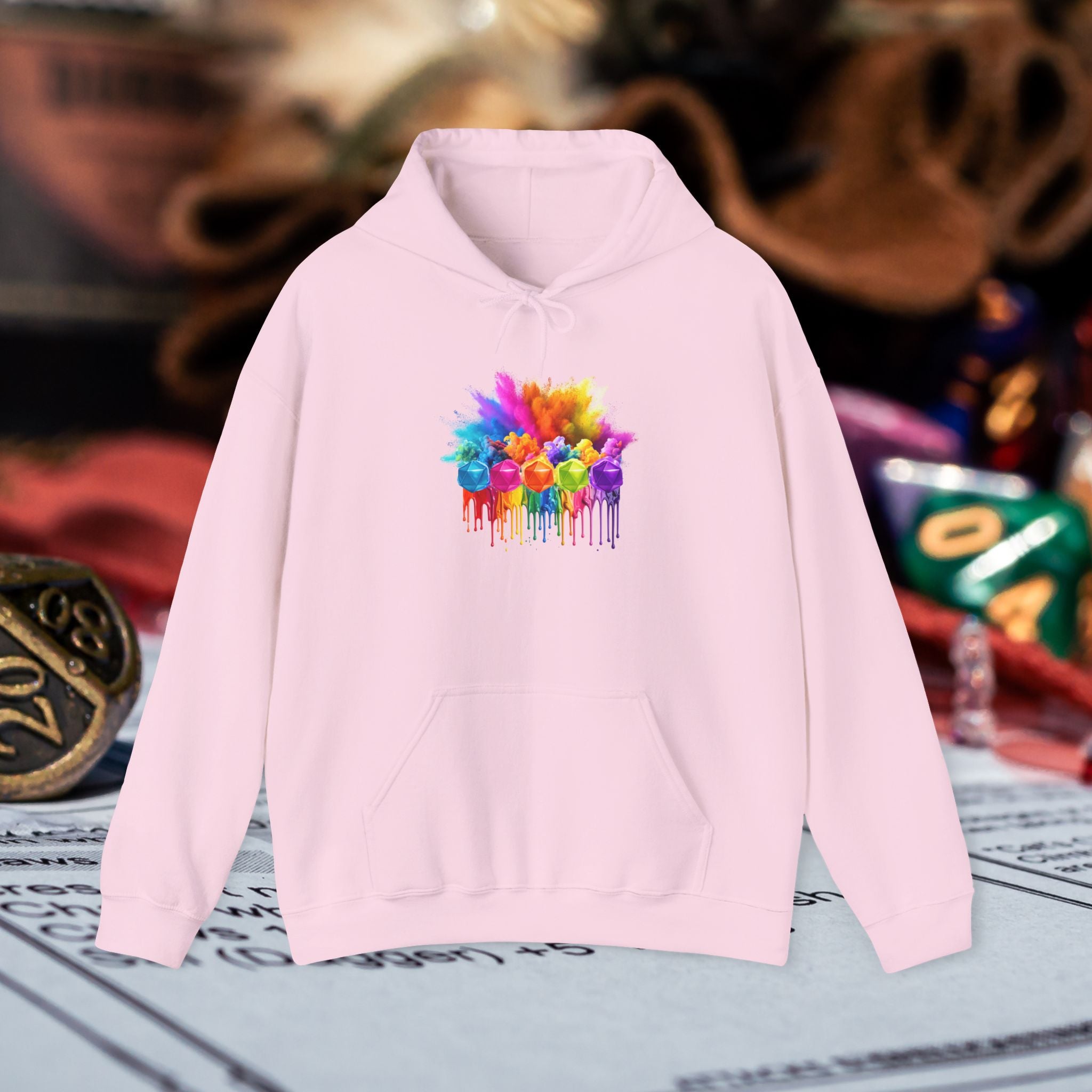 Colorful Drip D20 Hoodie – Vibrant Rainbow Dice Sweatshirt