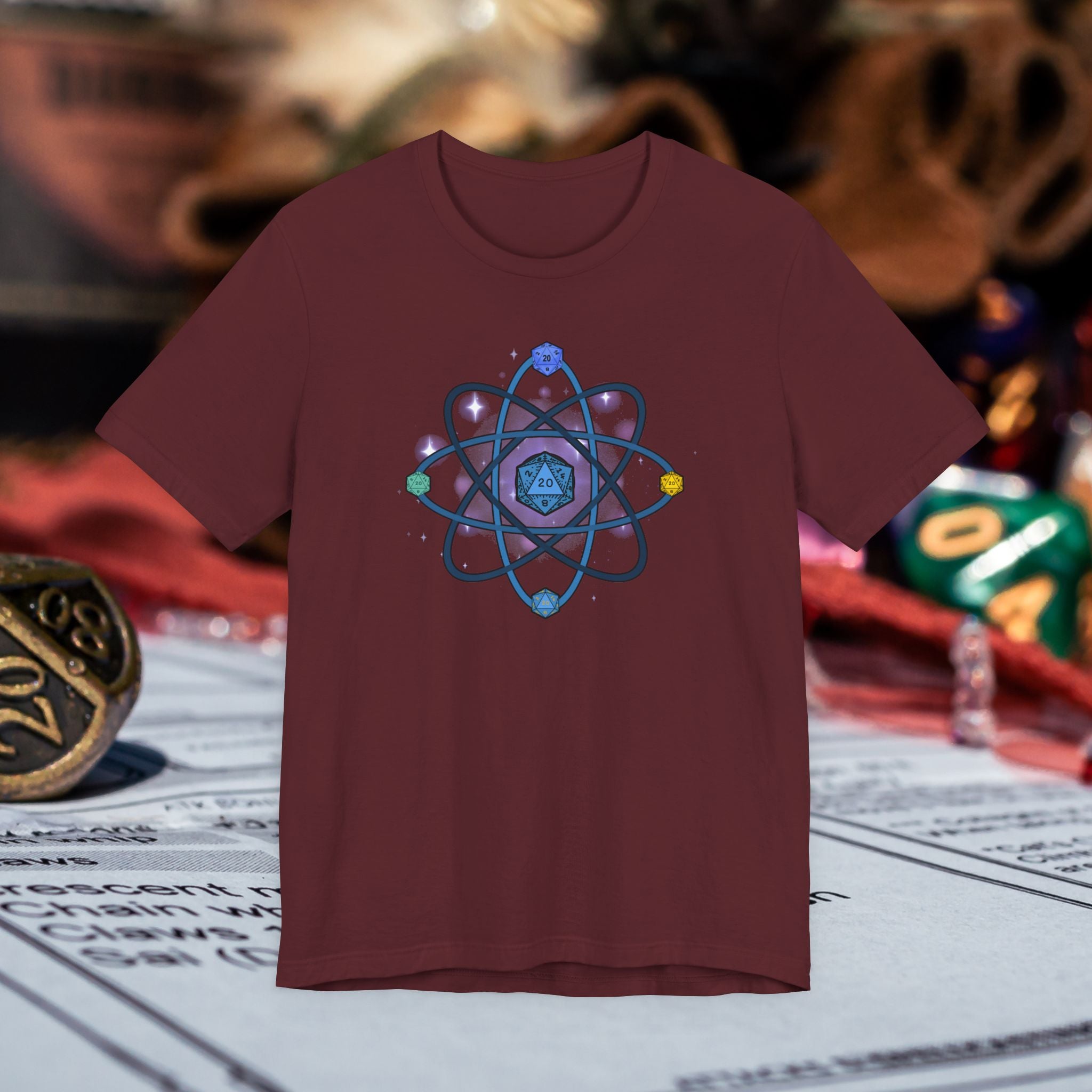 RPG Dice Atom T‑Shirt — D20 Tabletop Gaming Tee