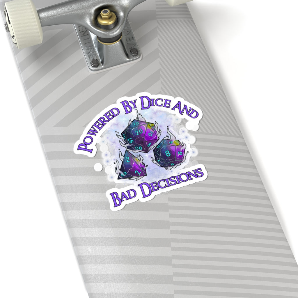 Kiss-Cut Sticker — “Powered by Dice and Bad Decisions” RPG Dice Humor Sticker