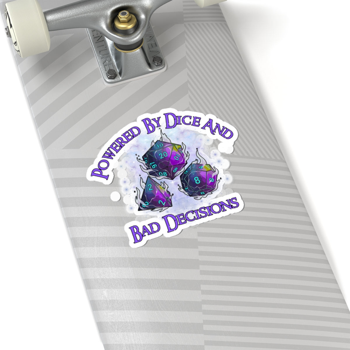Kiss-Cut Sticker — “Powered by Dice and Bad Decisions” RPG Dice Humor Sticker