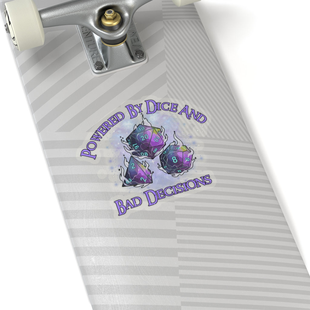 Kiss-Cut Sticker — “Powered by Dice and Bad Decisions” RPG Dice Humor Sticker
