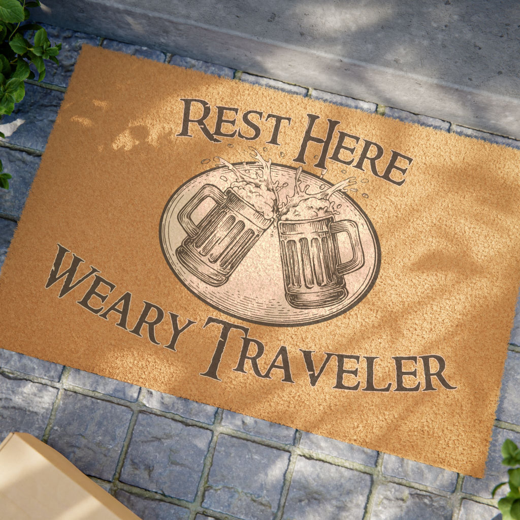 Doormat — "Rest Here Weary Traveler" Rustic Beer Mug Welcome Mat