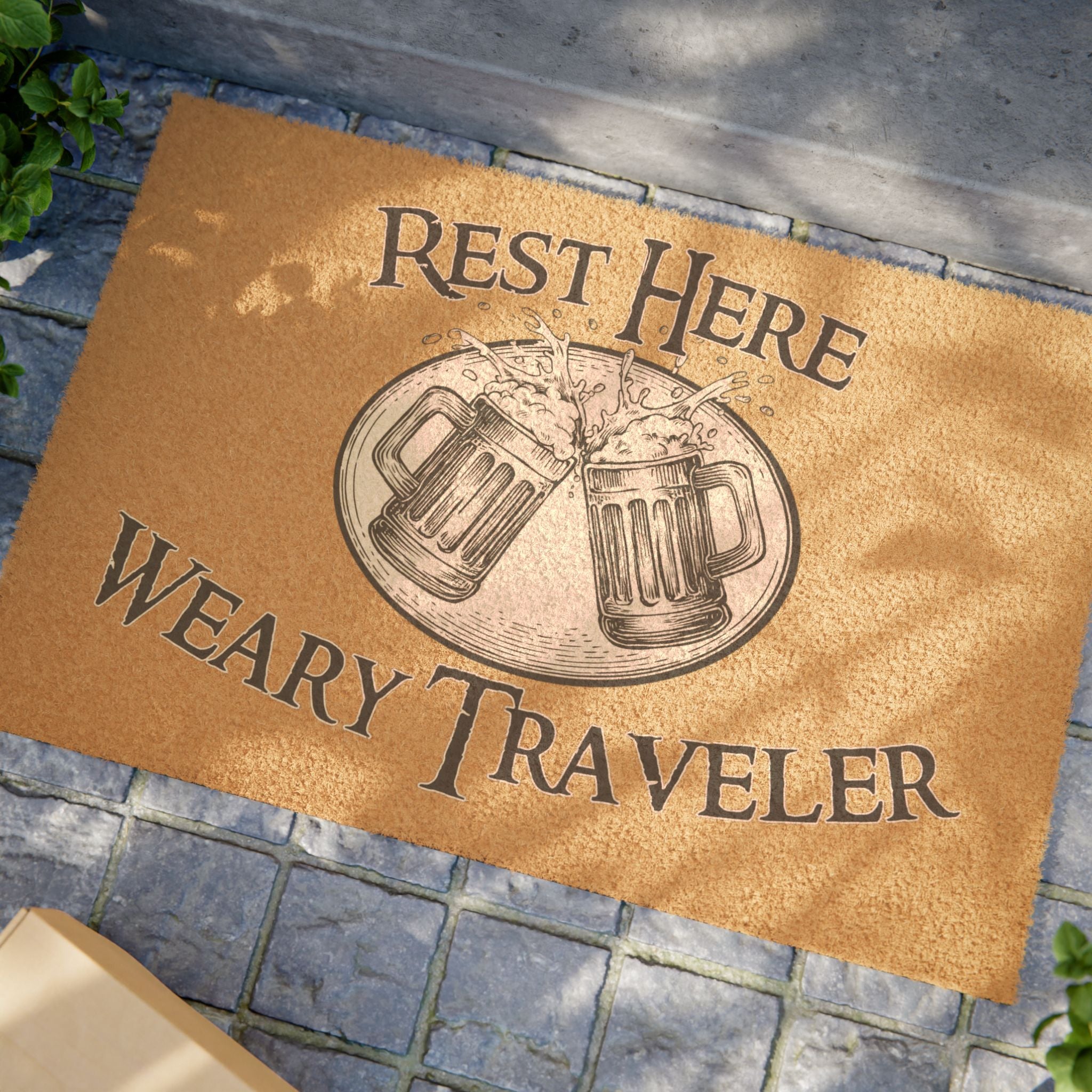 Doormat — "Rest Here Weary Traveler" Rustic Beer Mug Welcome Mat