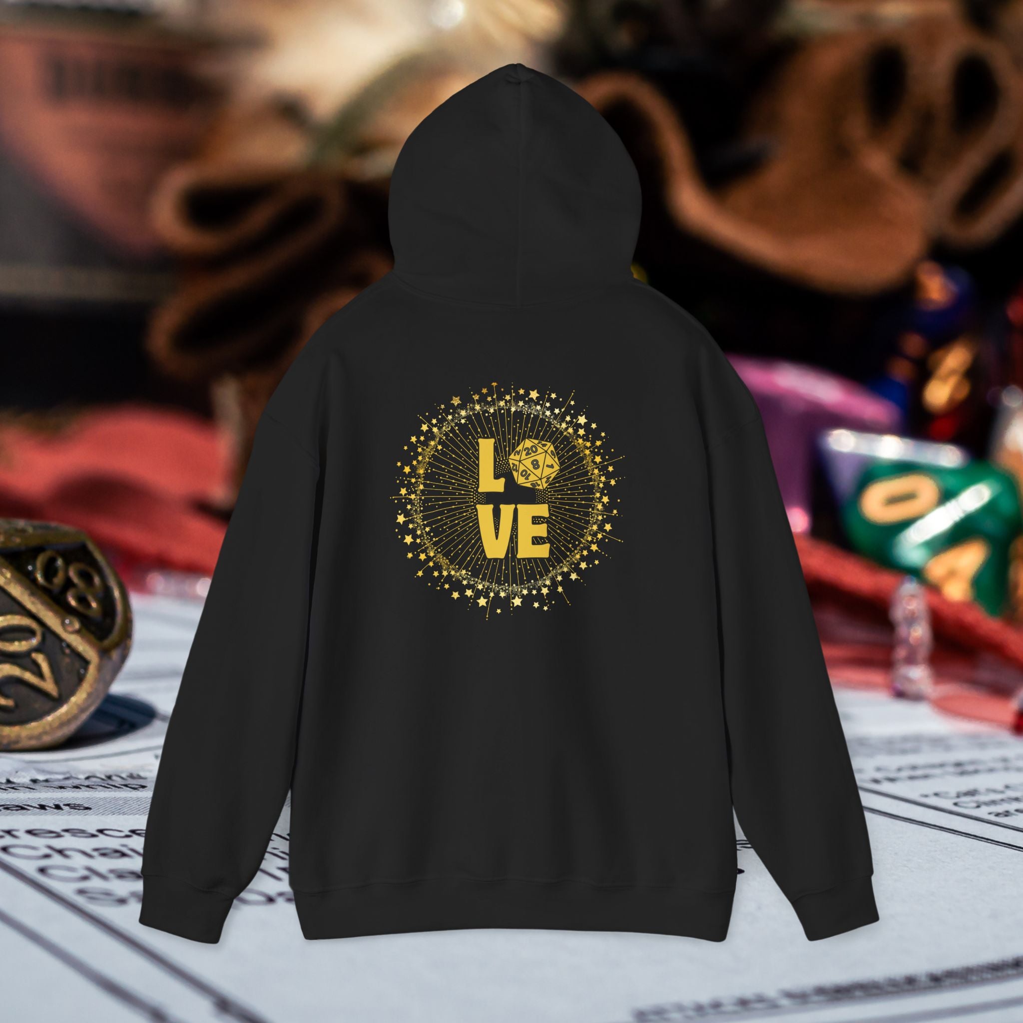 LOVE D20 Hoodie — Gold Glitter Dice Heart Gamer Gaming RPG Hooded Sweatshirt