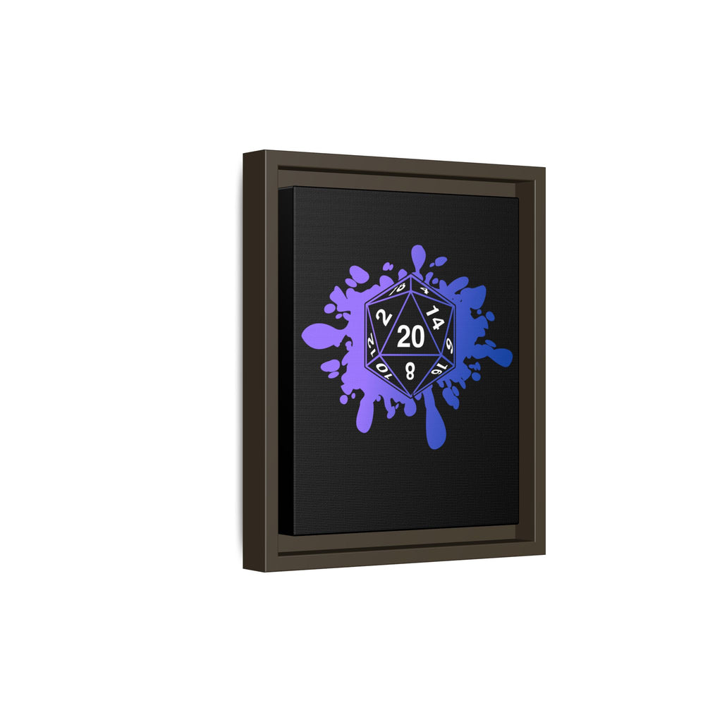 D20 Splash Matte Canvas Framed Wall Art — Purple Blue Tabletop RPG Decor