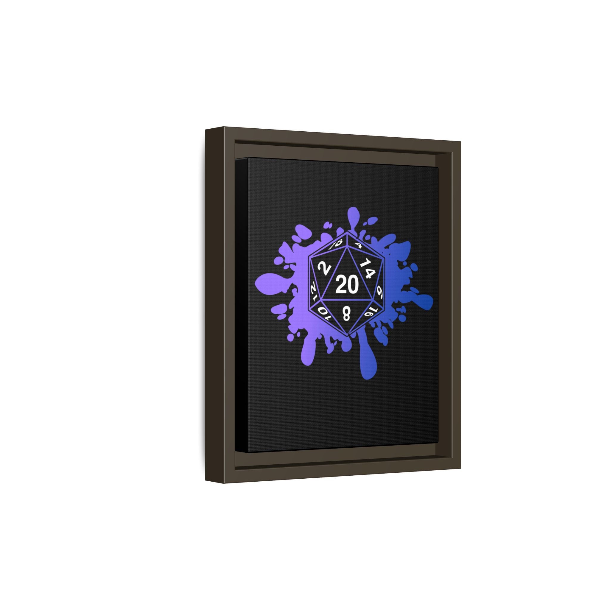 D20 Splash Matte Canvas Framed Wall Art — Purple Blue Tabletop RPG Decor