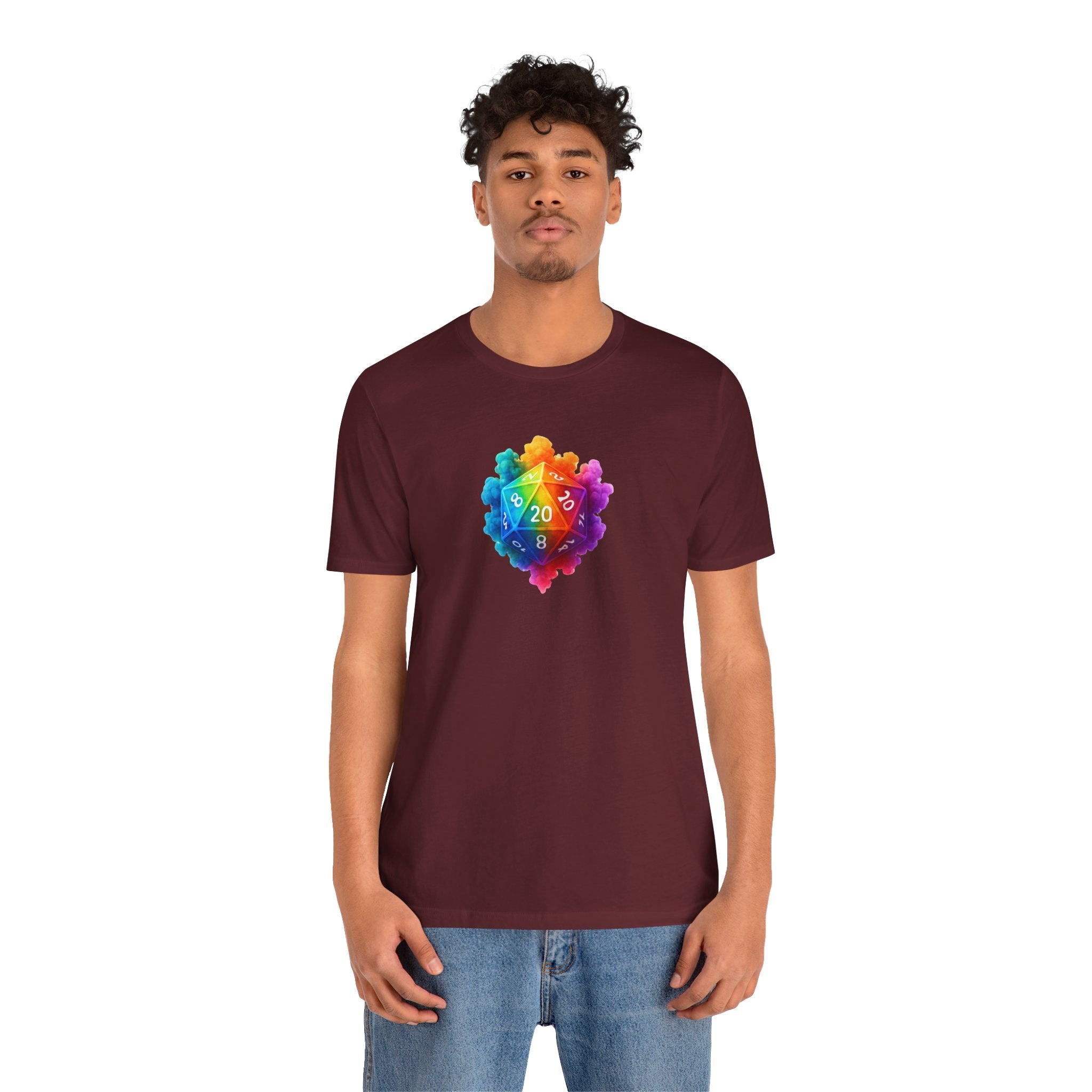 D20 Rainbow Heart T‑Shirt — Colorful Tabletop RPG Dice Tee