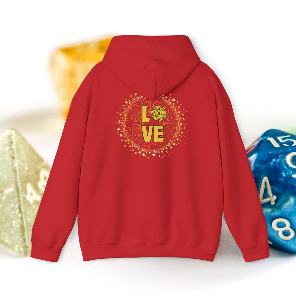 LOVE D20 Hoodie — Gold Glitter Dice Heart Gamer Gaming RPG Hooded Sweatshirt