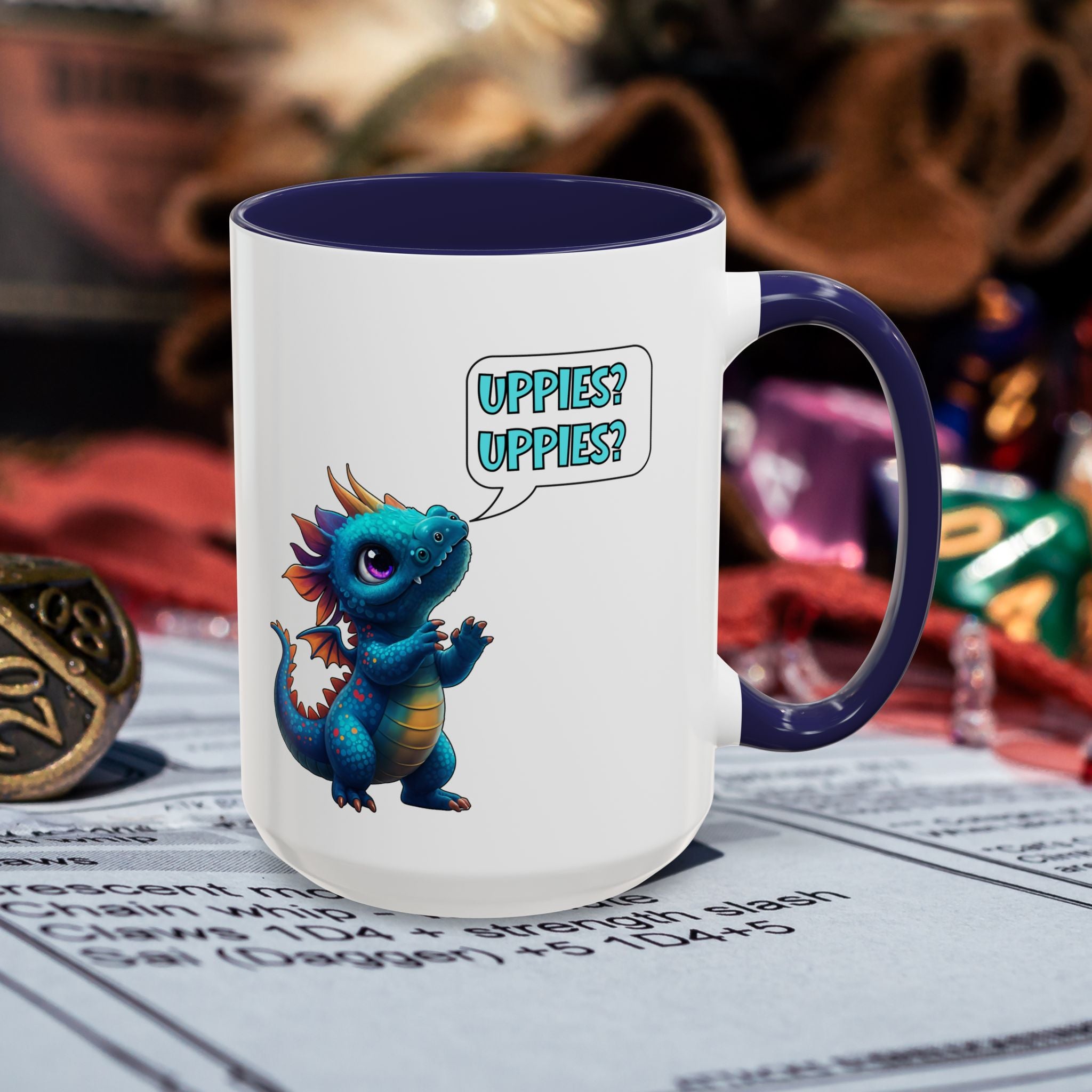 Dragon Coffee Mug - Cute Blue Dragon Saying 'Uppies? Uppies?' - Fantasy D20 Gamer Gift (15oz)