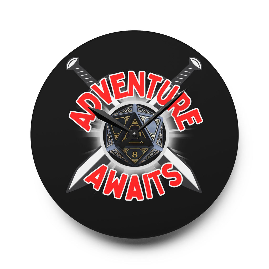 Adventure Awaits Acrylic Wall Clock — D20 Dice & Swords RPG Gamer Decor