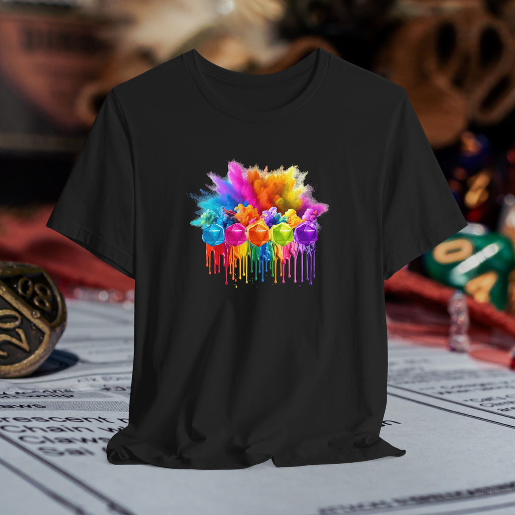 Colorful Dripping D20 T-Shirt – Rainbow D20 Art Tee