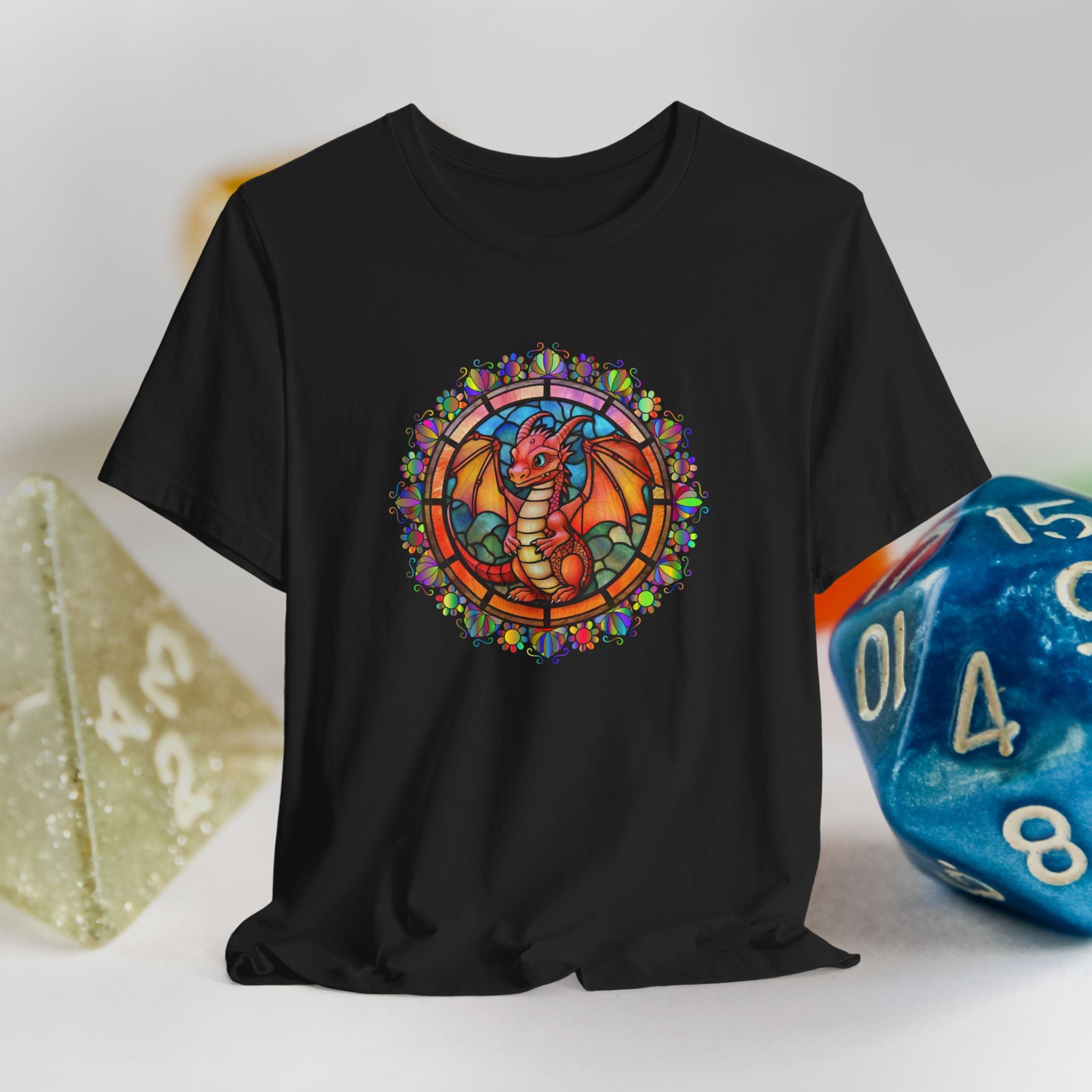 Dragon Stained Glass T‑Shirt — Colorful D20 Fantasy RPG Tee