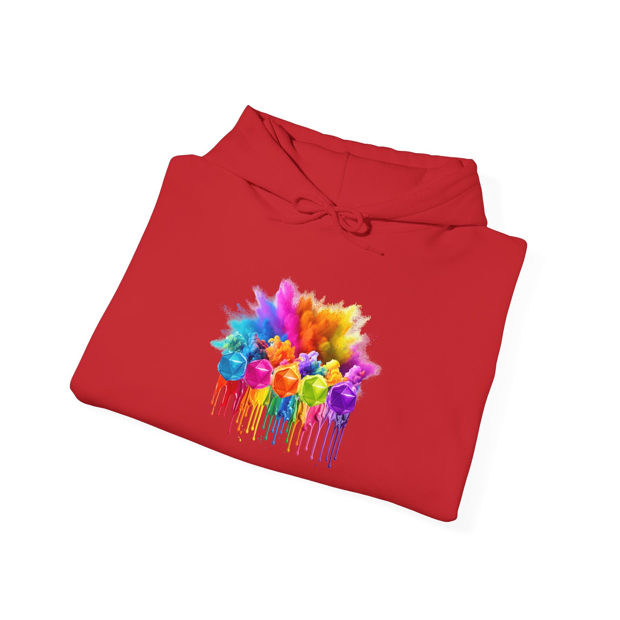 Colorful Drip D20 Hoodie – Vibrant Rainbow Dice Sweatshirt